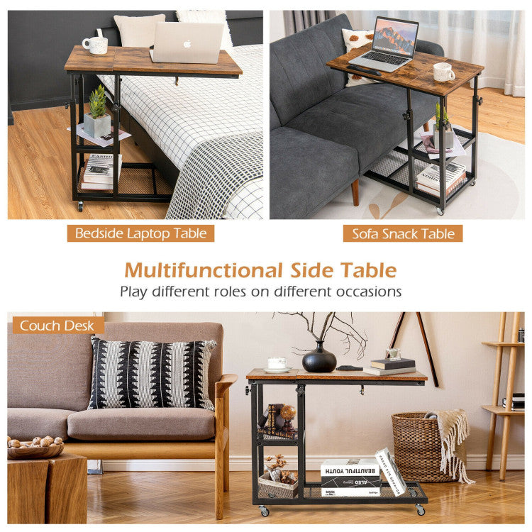Height Adjustable C-Shaped End Table with Lockable Wheels and Tiltable
