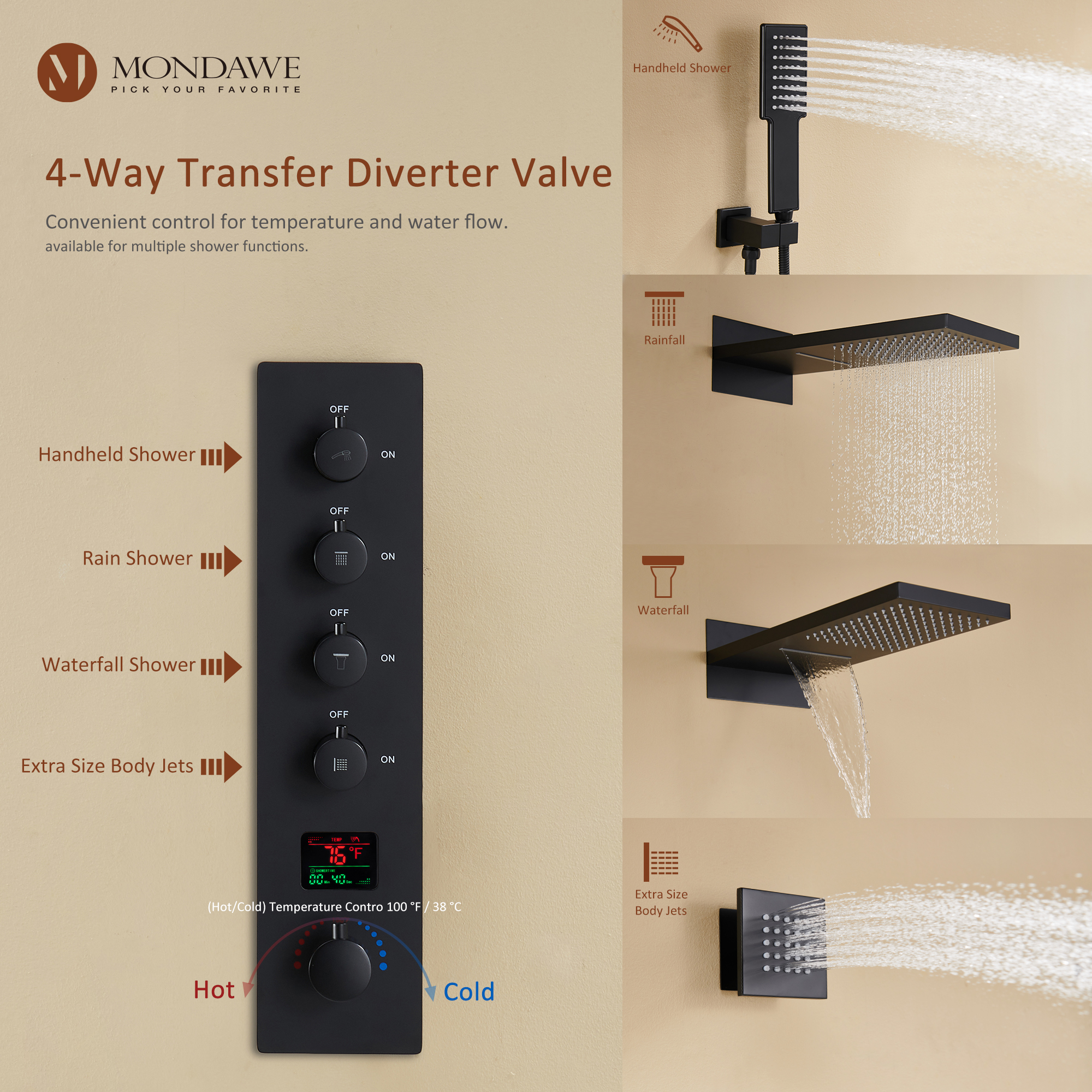 Mondawe Luxury Rain Dual Shower Heads Wall Mounted 22 in. with Digital Temperature Display 4 Spray Patterns Thermostatic and 3 Body Jets-Mondawe