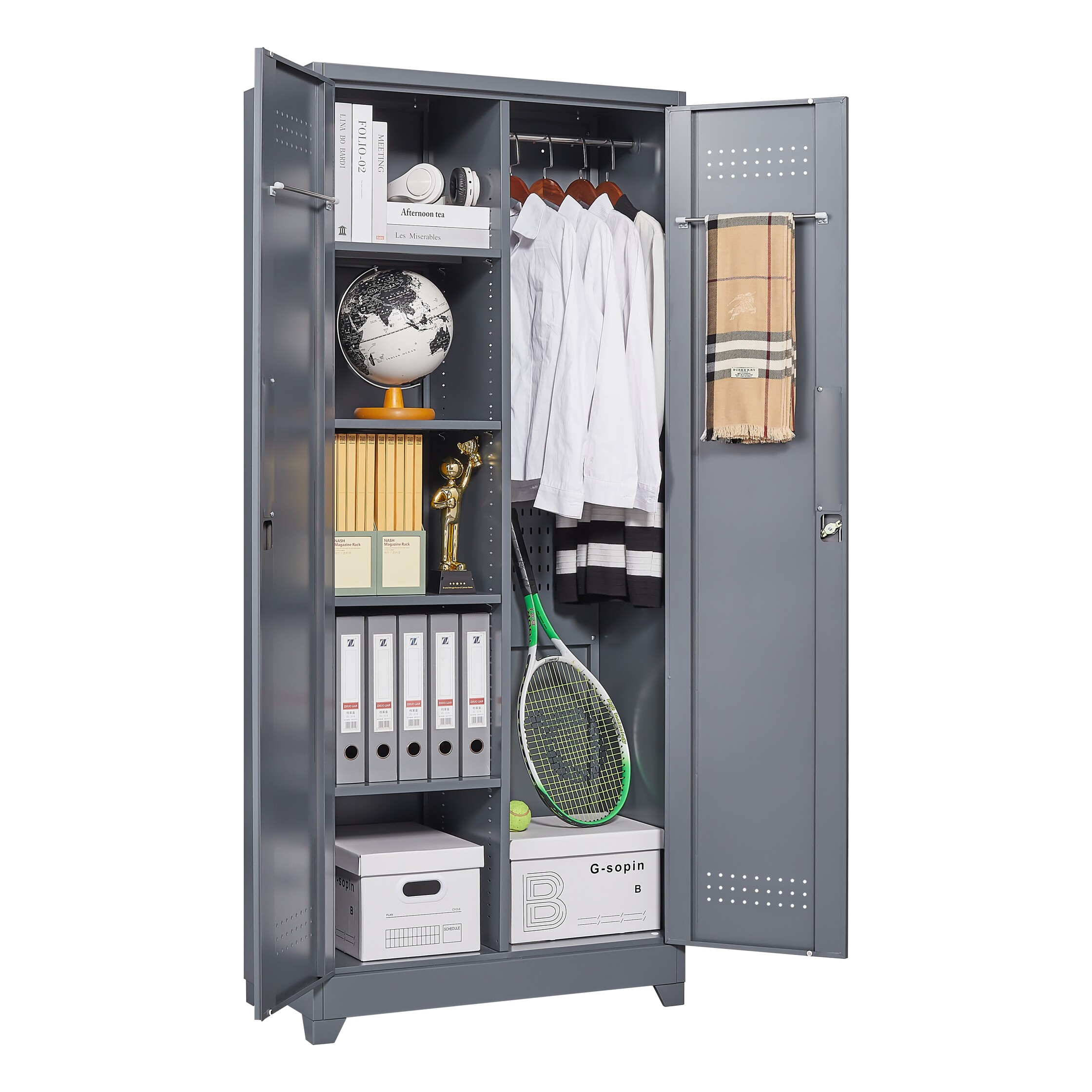 Metal Storage Cabinets, Cleaning Tool Cabinet with Locking Door, Tall Broom Tool Organizer and Storage, Large Storage Cabinet for Kitchen, Pantry, Office, Shop 