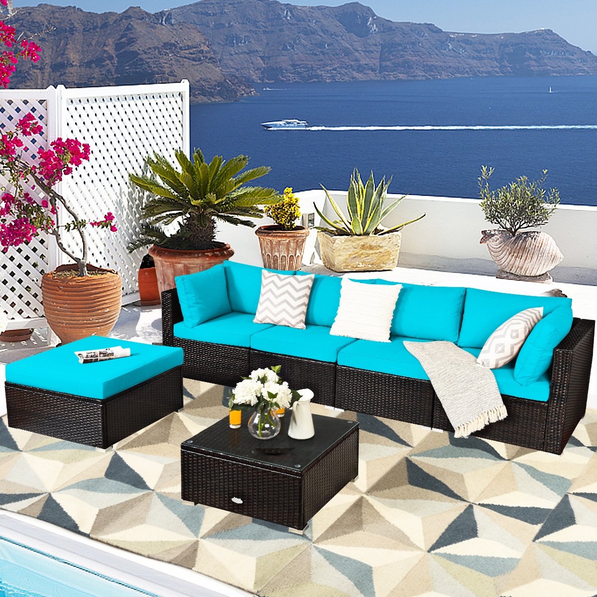Mondawe 6 Pieces Outdoor Patio Rattan Furniture Set Sofa Ottoman-Turquoise-Mondawe