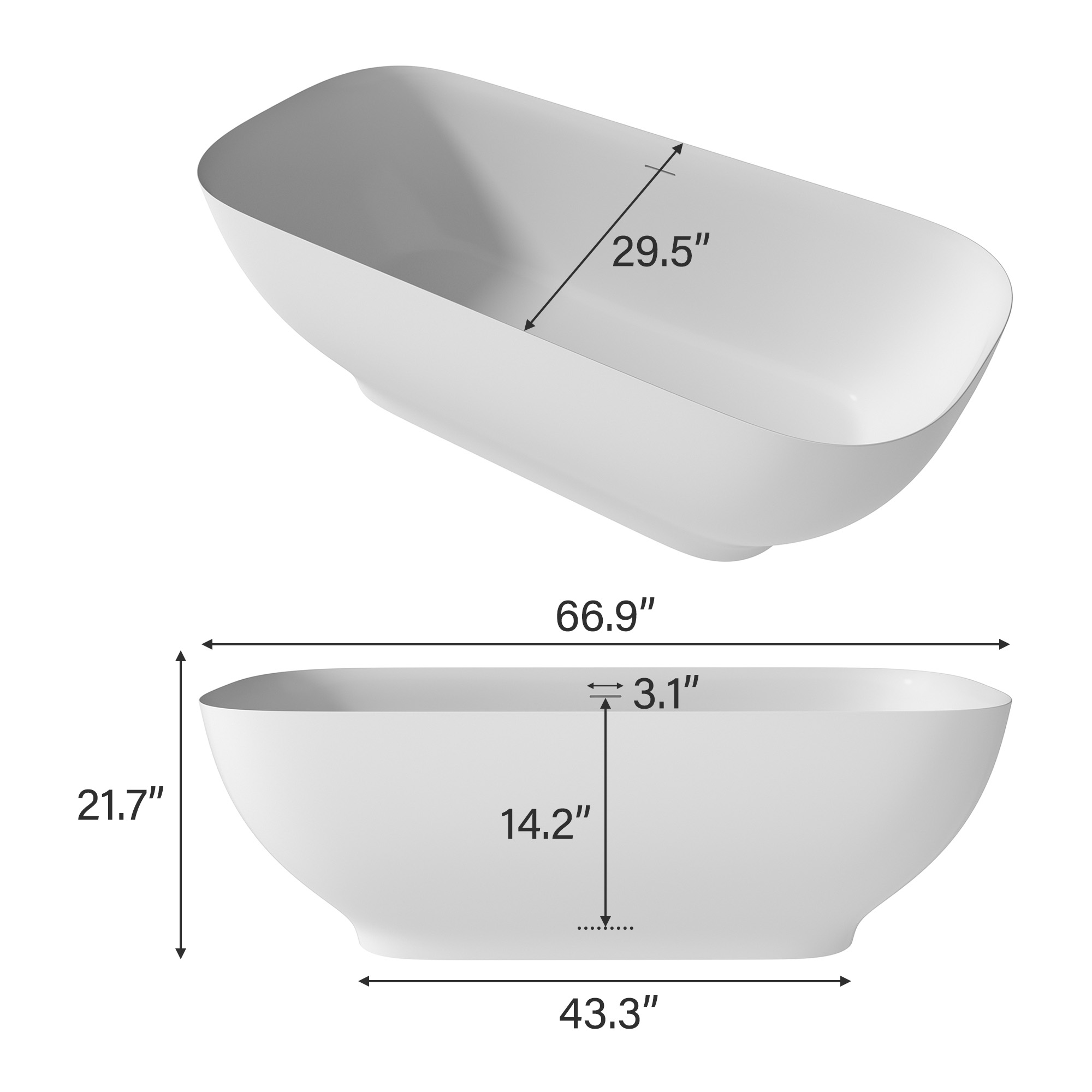 Matte white 67-inch artificial stone freestanding bathtub, can match any decoration style