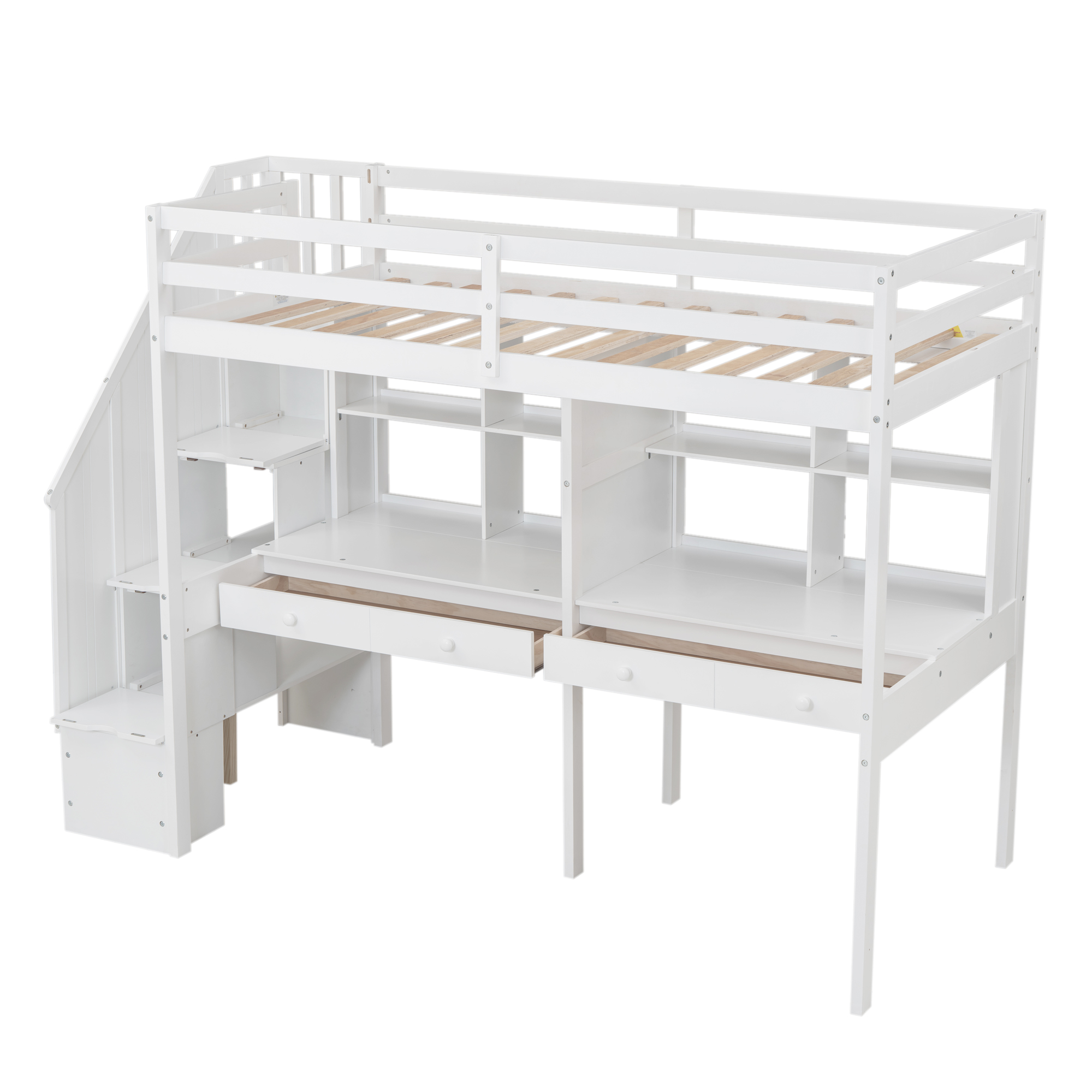 Twin Size Loft Bed Frame with Storage Staircase and Double Desks and Shelves,Gray/White