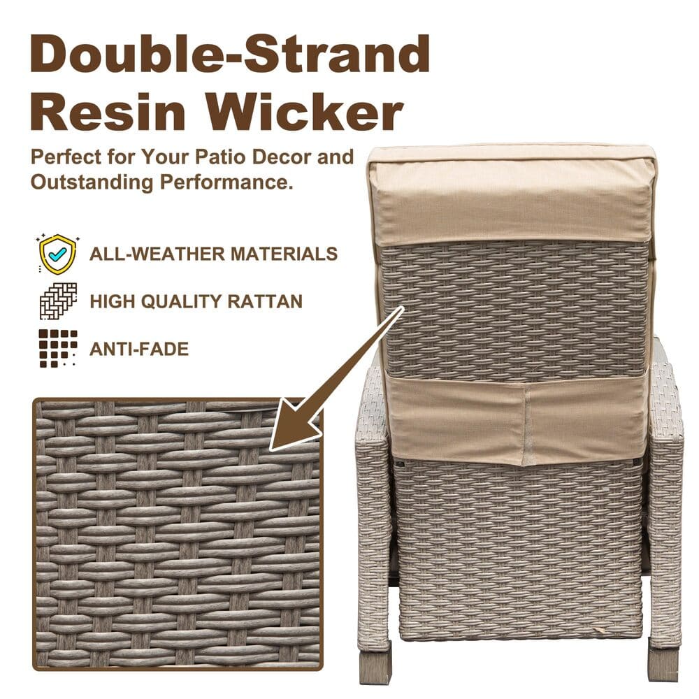 Outdoor Recliner Chair, Patio Recliner with Hand-Woven Wicker, Flip Table Push Back, Adjustable Angle, Thickness Cushions