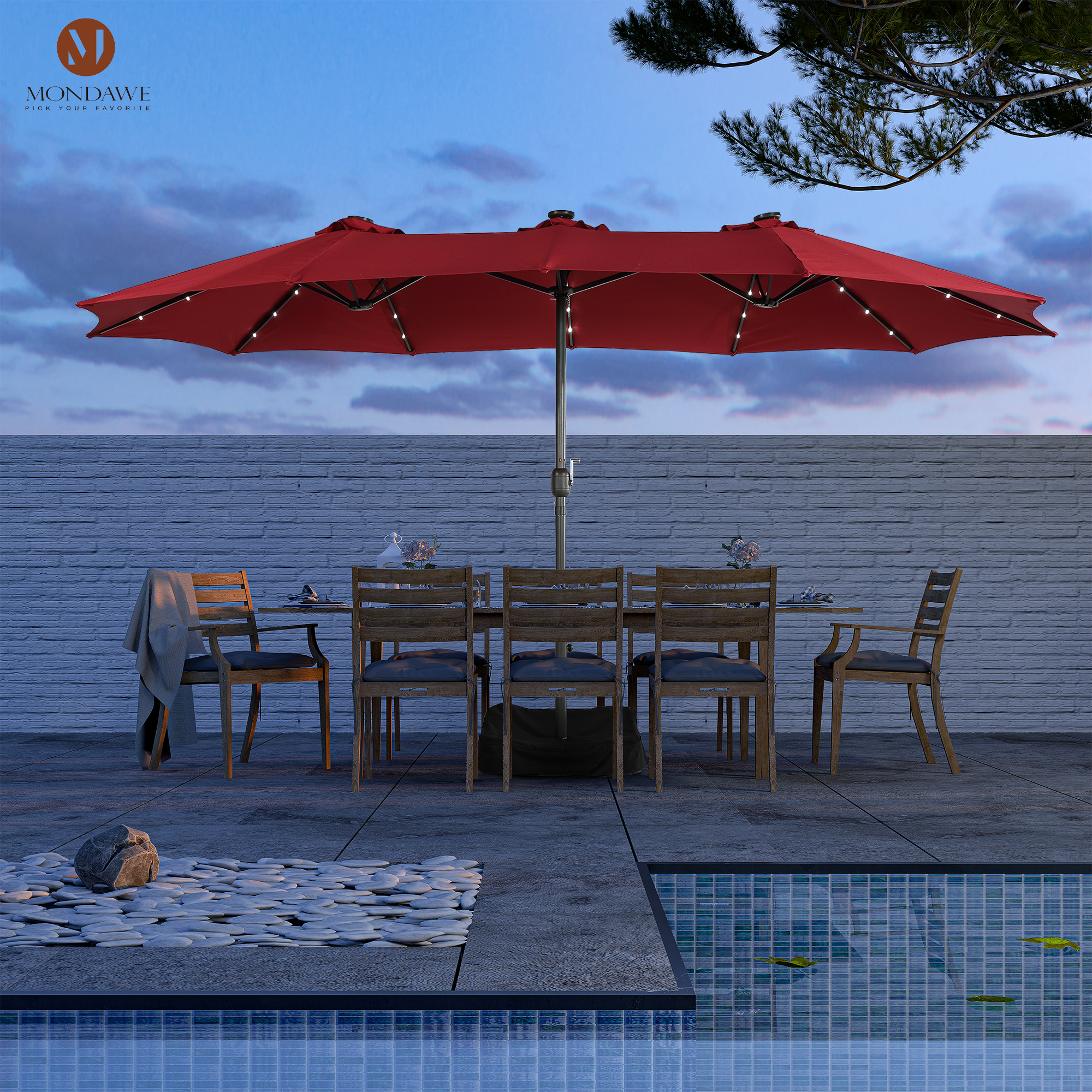 Mondawe 15ft Rectangular Patio Umbrella with Base and LED Lights and Crank-Mondawe