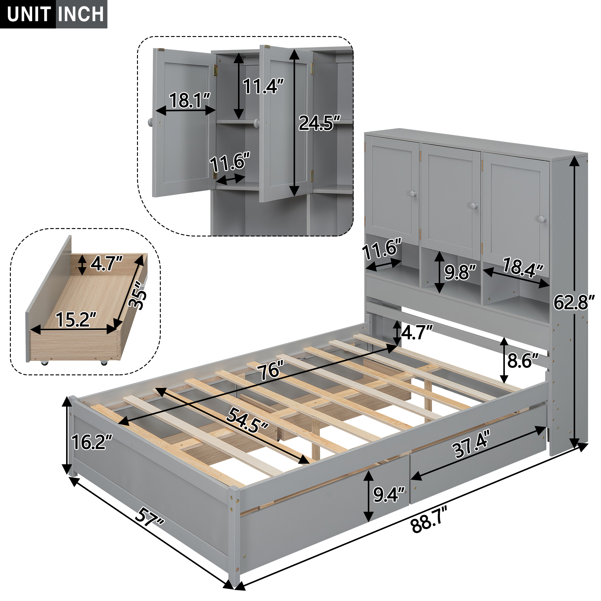 Full/Queen Size Platform Bed with Storage Headboard and 4 Drawers, Gray/White