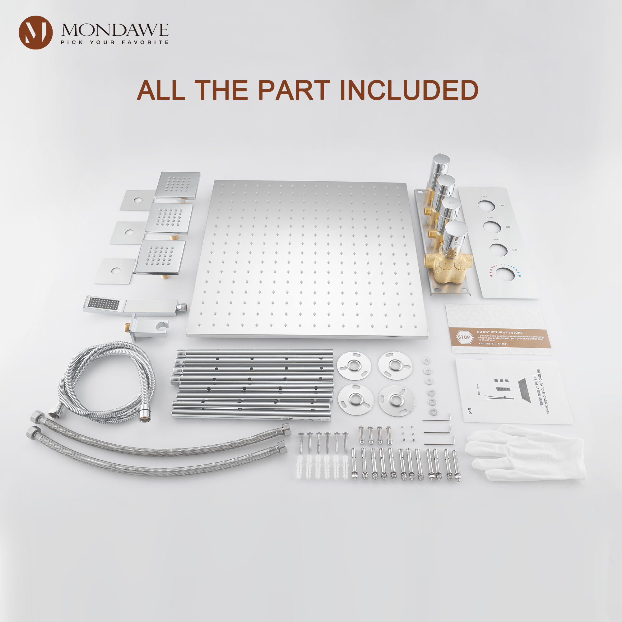 20 Inch Ceiling Mounted Rain Shower Head System Luxury 3-Spray Patterns Thermostatic Shower Faucets Sets Complete with 3-Function Shower Head and Solid Brass Handshower-Mondawe