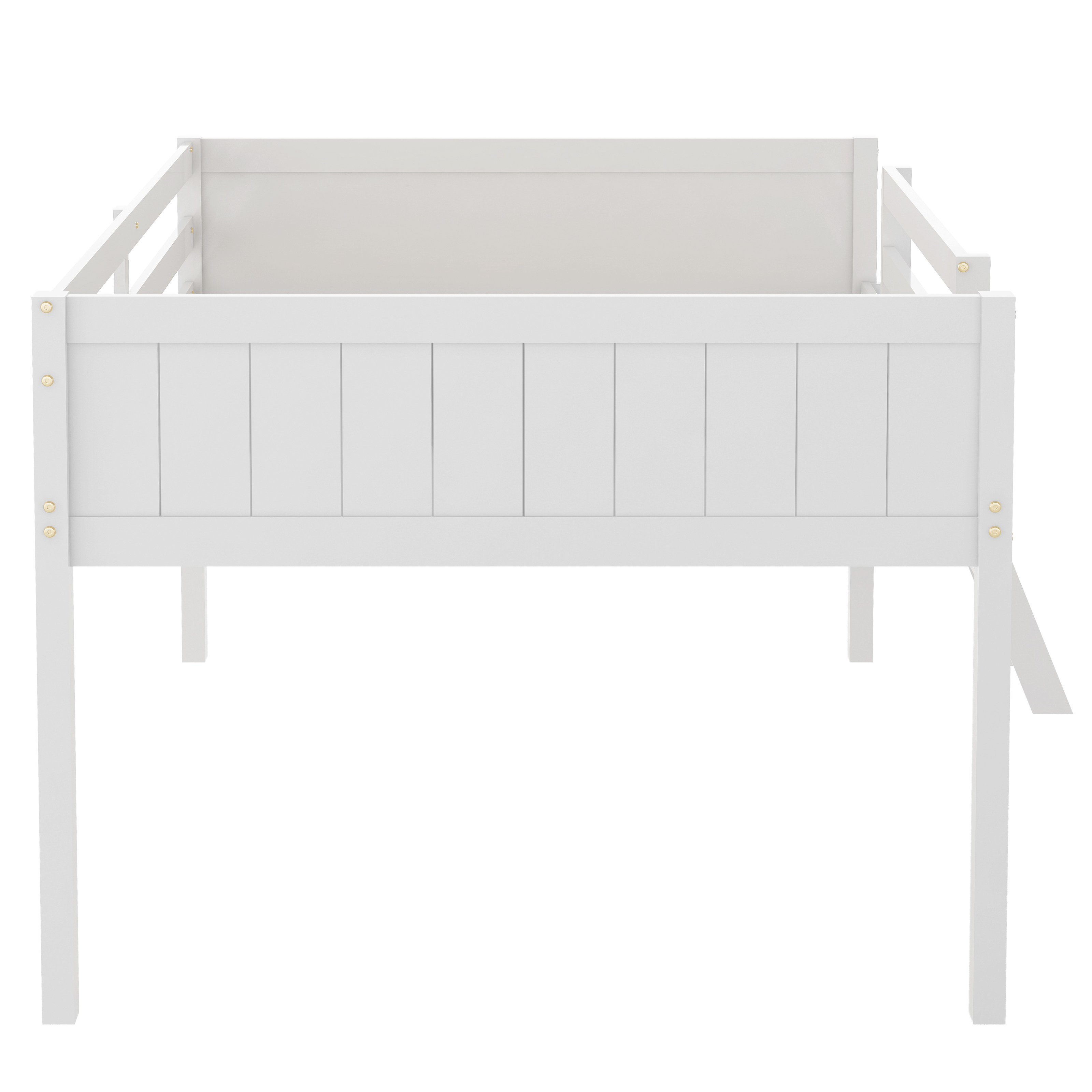 Full Size Wood Low Loft Bed with Ladder, ladder can be placed on the left or right, Gray/White