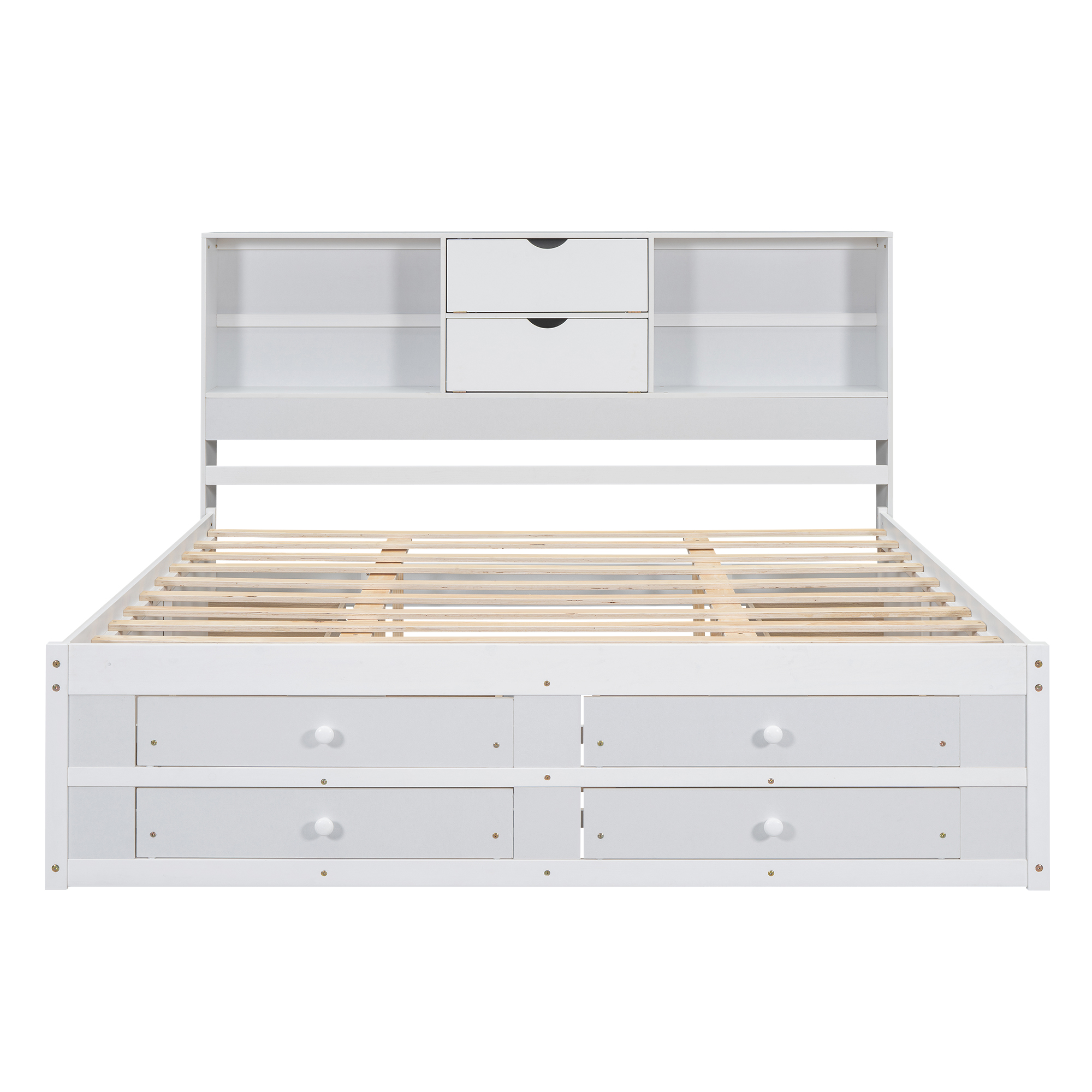 Queen/King Size Platform Bed with Storage Headboard and 8 Drawers, White/Gray