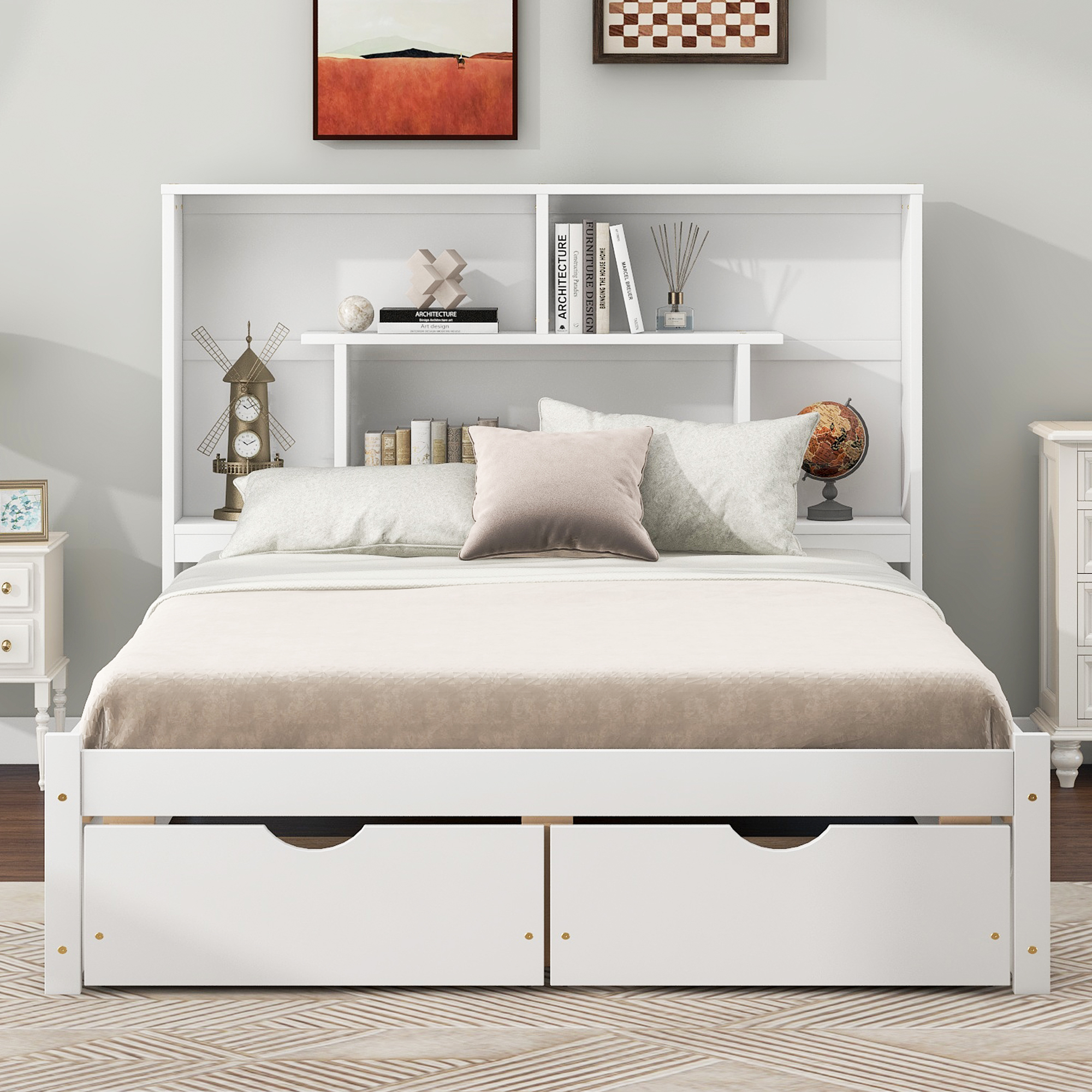 Full/Queen Size Platform Bed with Storage Headboard and 2 Drawers, Gray/White