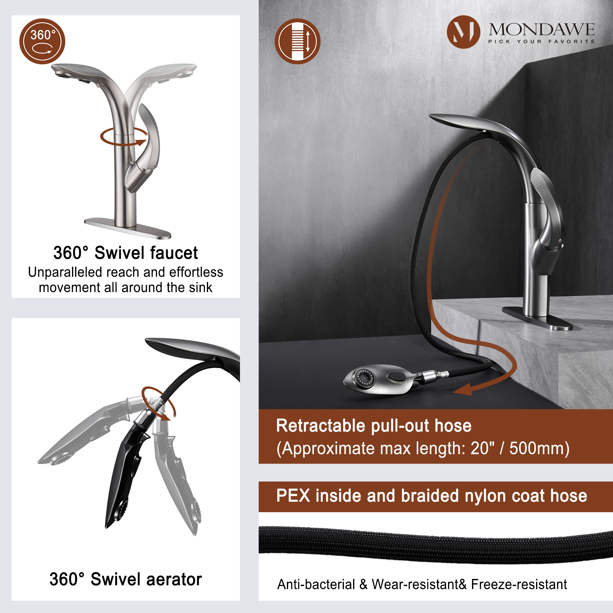 Mondawe 3-FunctionTulip High Arc Pull Down Single Handle Deck Mount Best Kitchen Faucets 2022-Mondawe
