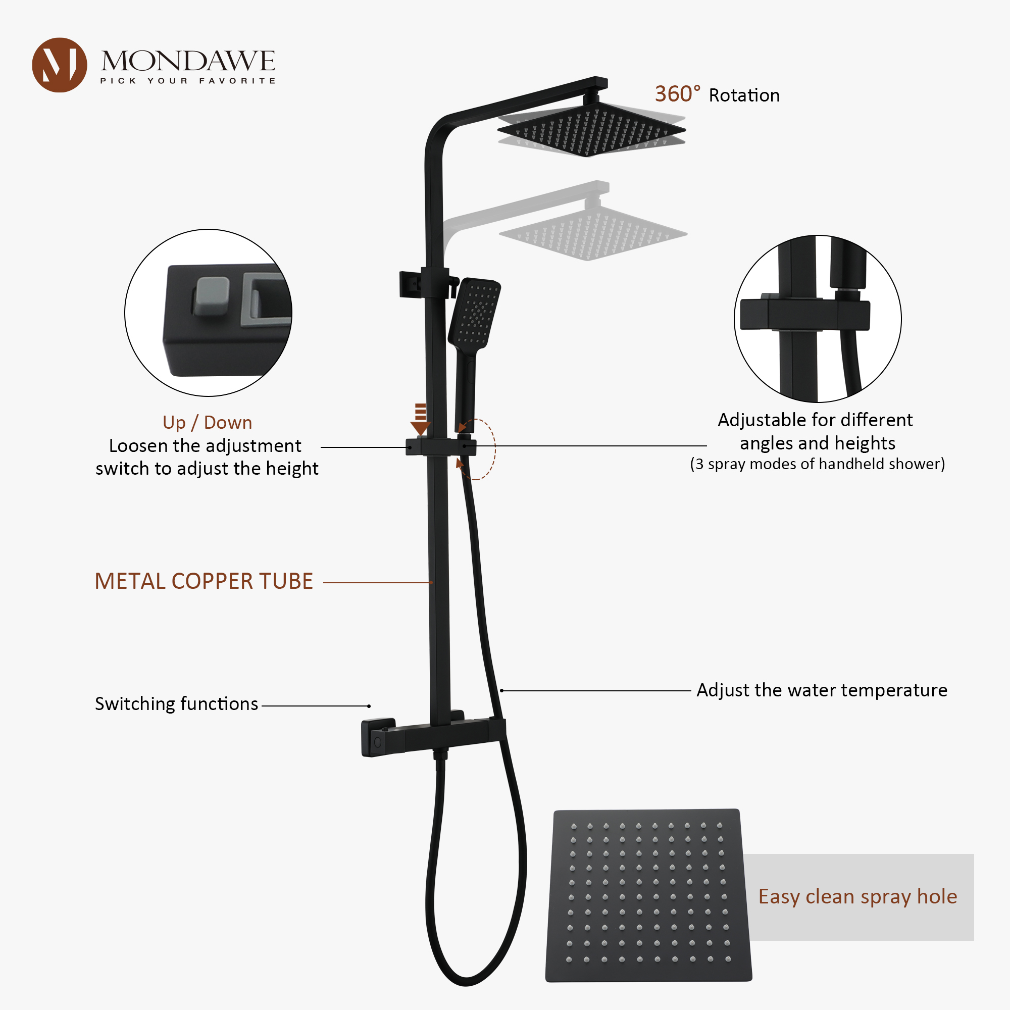 Mondawe Stainless Steel Thermostatic Shower Bar System in Black/Chrome(Square)-Mondawe