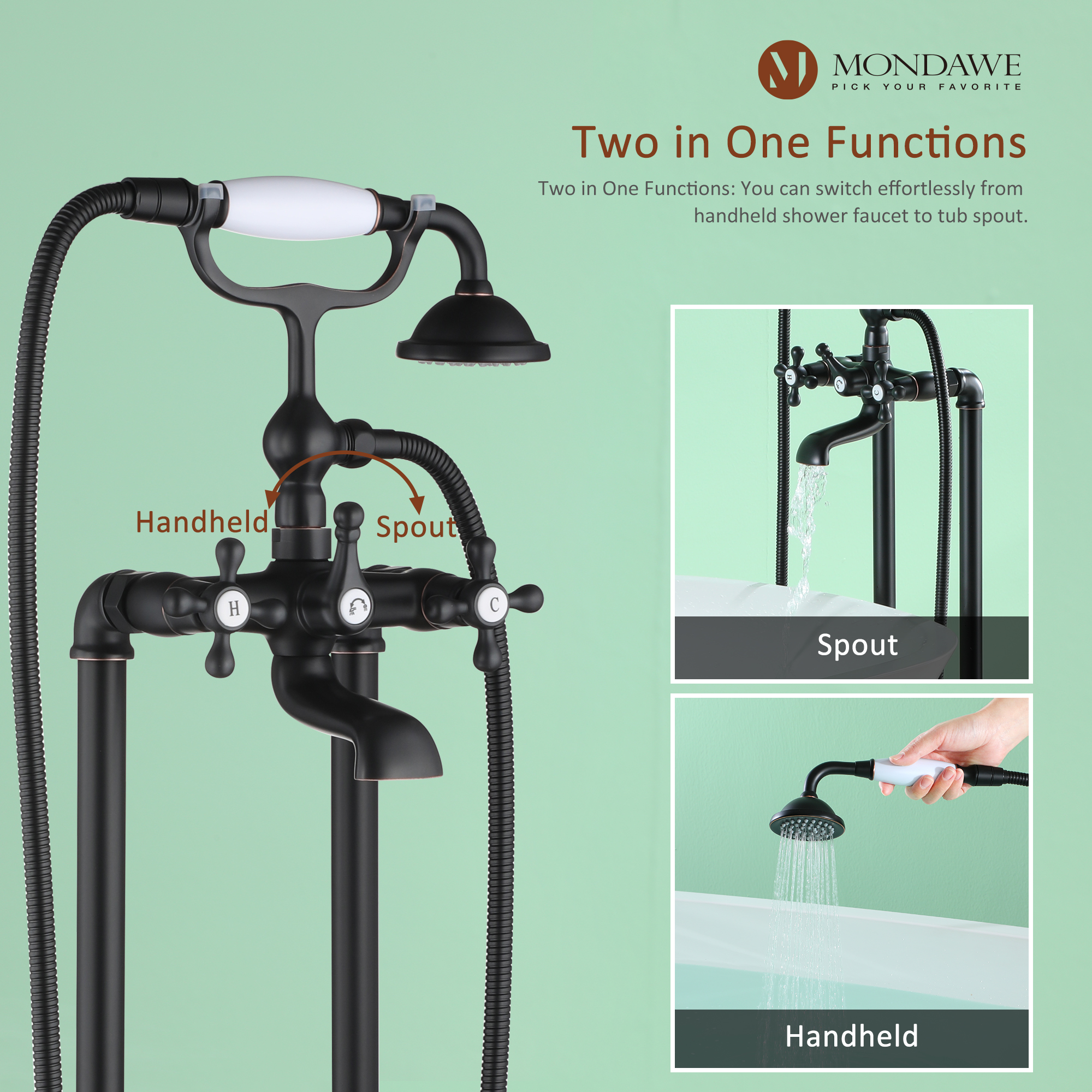 Mondawe 3-Handle Traditional Freestanding Bathtub Faucet(Oil Rubbed Bronze)-Mondawe