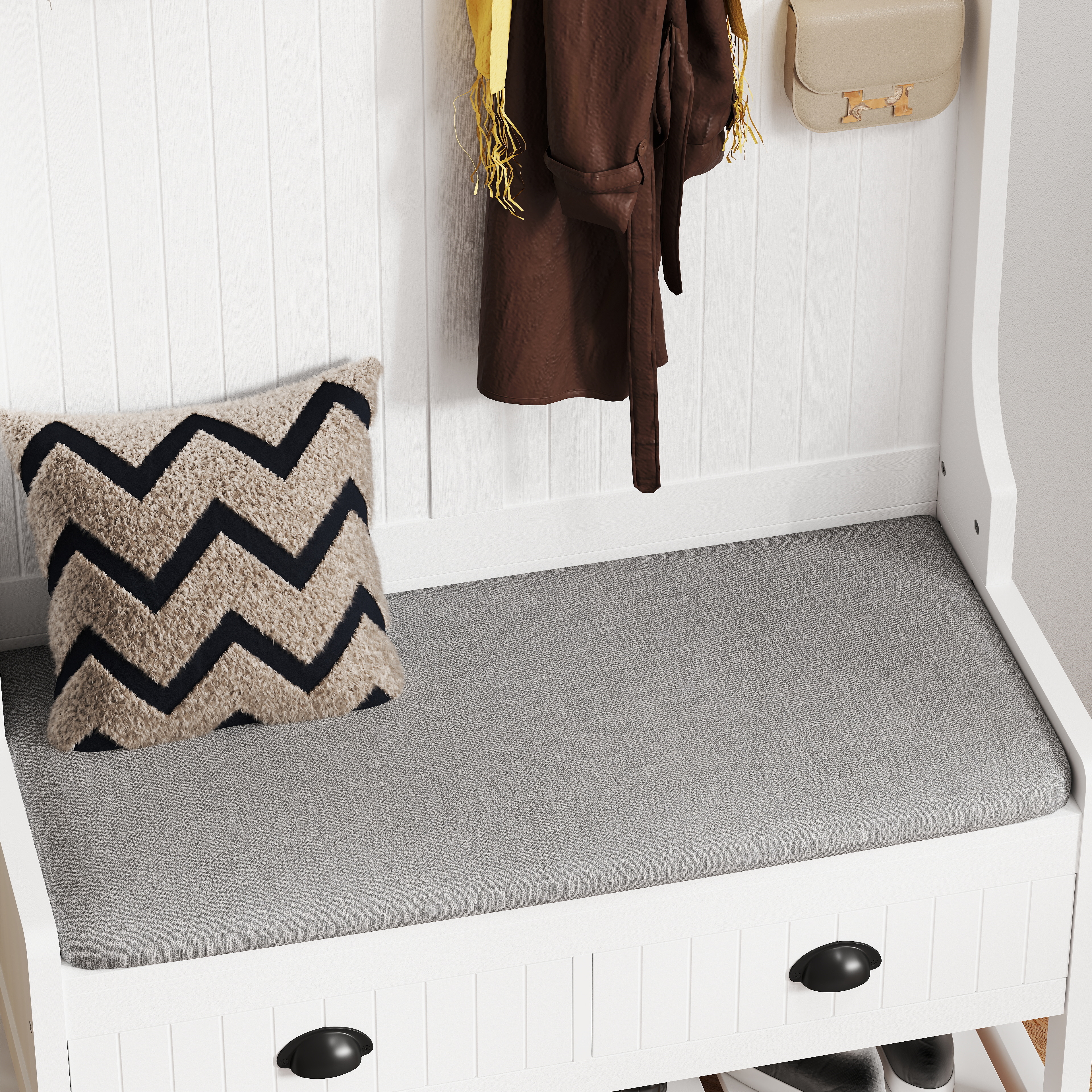 3-in-1 Hallway Hall Tree with 2 Storage Drawer and 4 Coat Rack, Wooden Entryway Shoe Rack Bench with Padded Seat Cushion, Mudroom Bench with Top Storage Shelf 