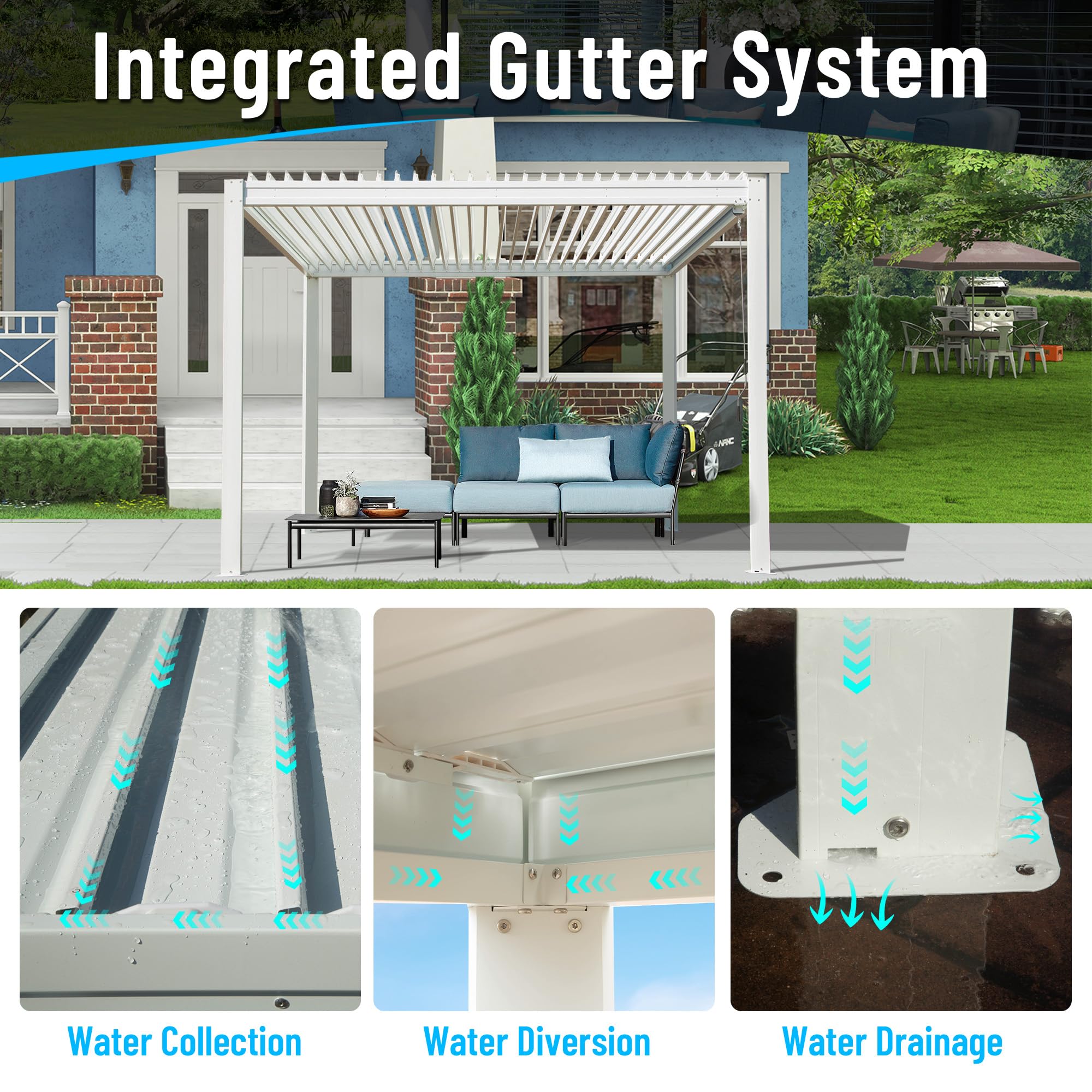 Louvered Pergola 10X10FT, Wood Grain Aluminum Pergola with Adjustable Roof, Wood Looking Aluminum Frame, Efficient Drainage System, Outdoor Pergola for Patio, Deck, Garden