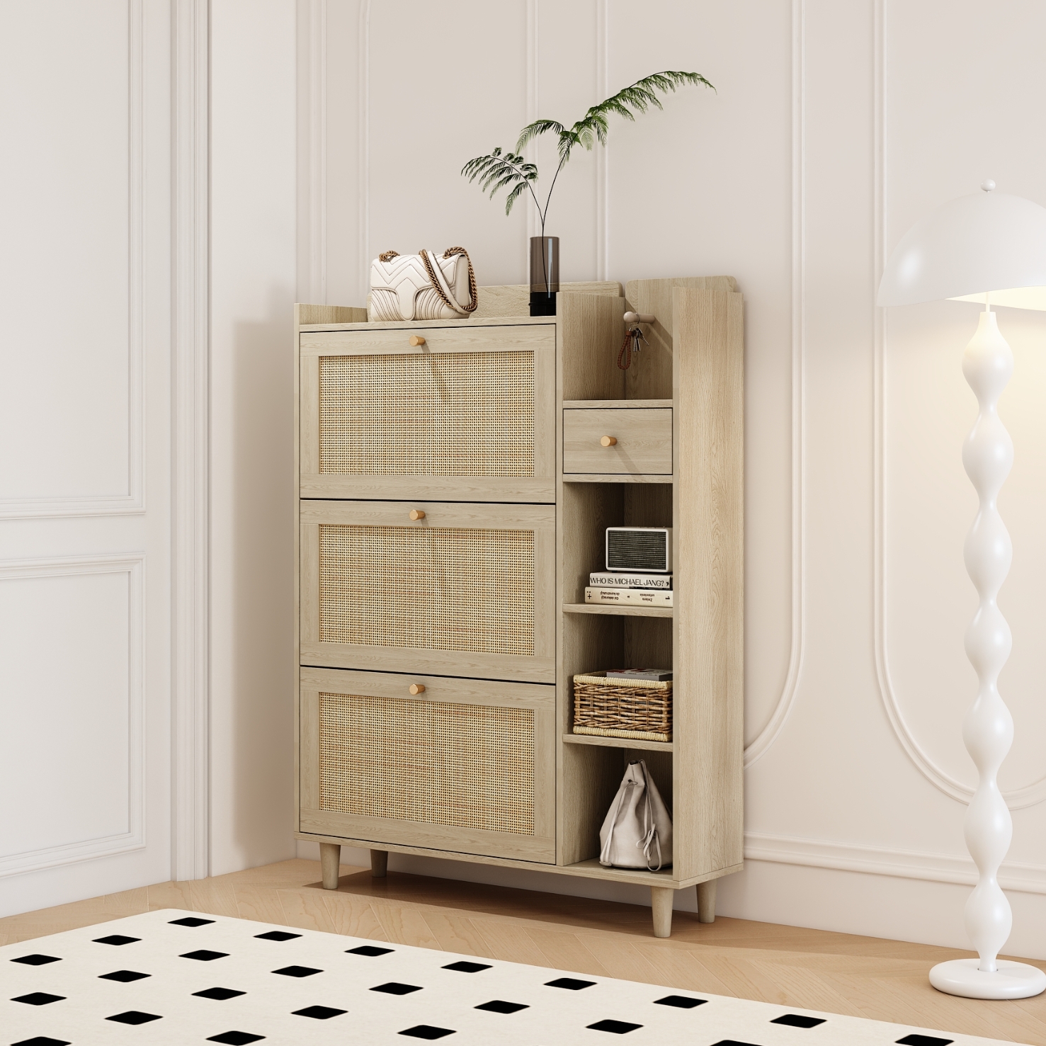 Bohemia Style Shoe Cabinet, Shoe Rack Cabinet with 3 Rattan Flip Drawers,3 Square Shelves and 1 Storage Drawer, Shoe Organizer with Mulit Storage Space and Hooks for Hallway, Entryway, (Natural/Antique white) 