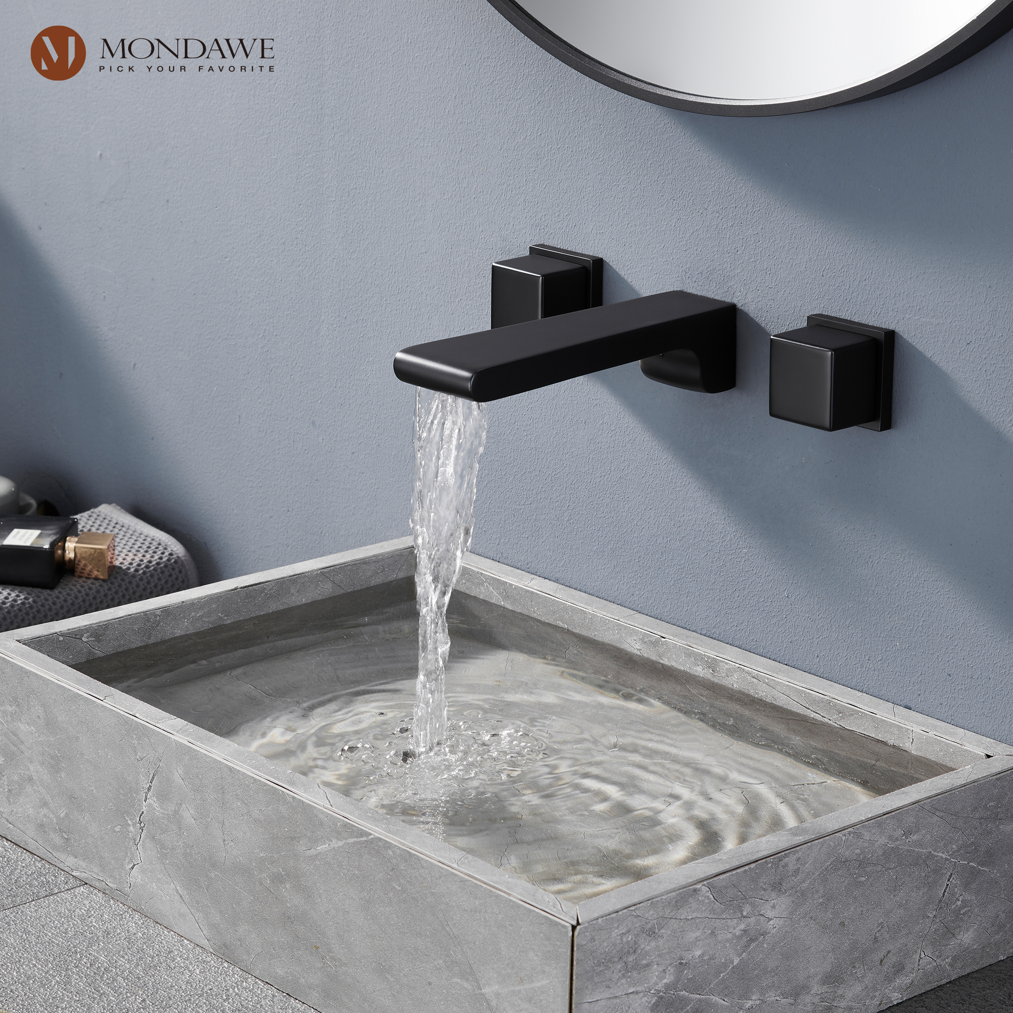 Mondawe Spot Free Widespread Wall Mount 3-Hole Sink  Water Tap with Double Handle-Mondawe