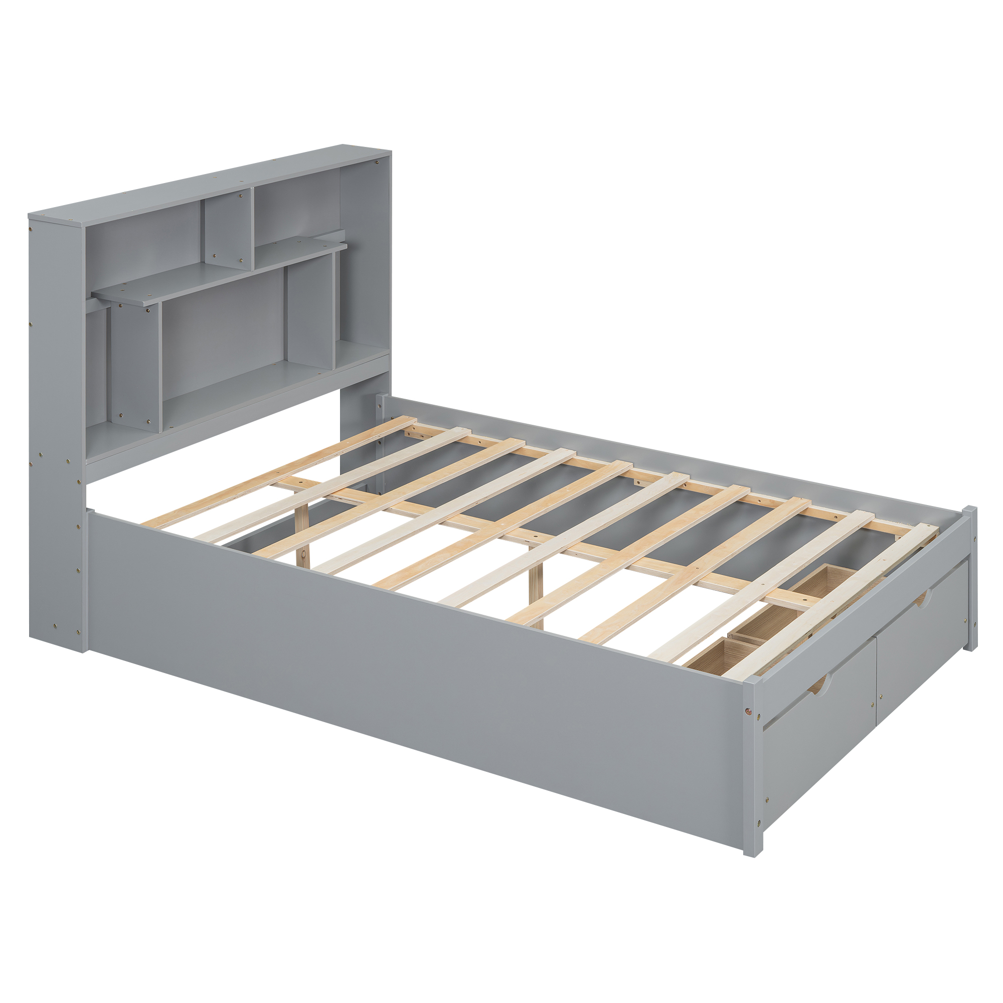 Full/Queen Size Platform Bed with Storage Headboard and 2 Drawers, Gray/White