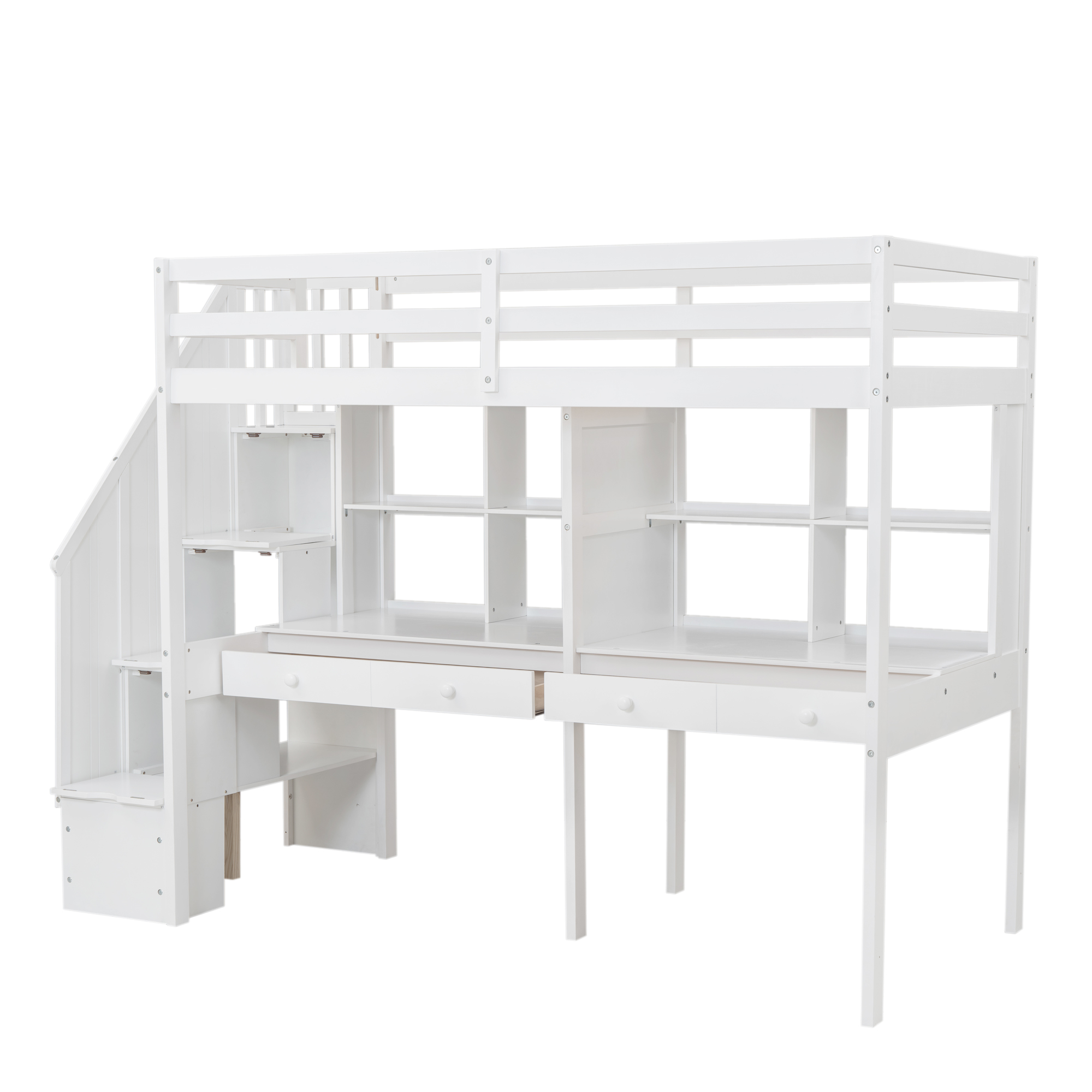 Twin Size Loft Bed Frame with Storage Staircase and Double Desks and Shelves,Gray/White