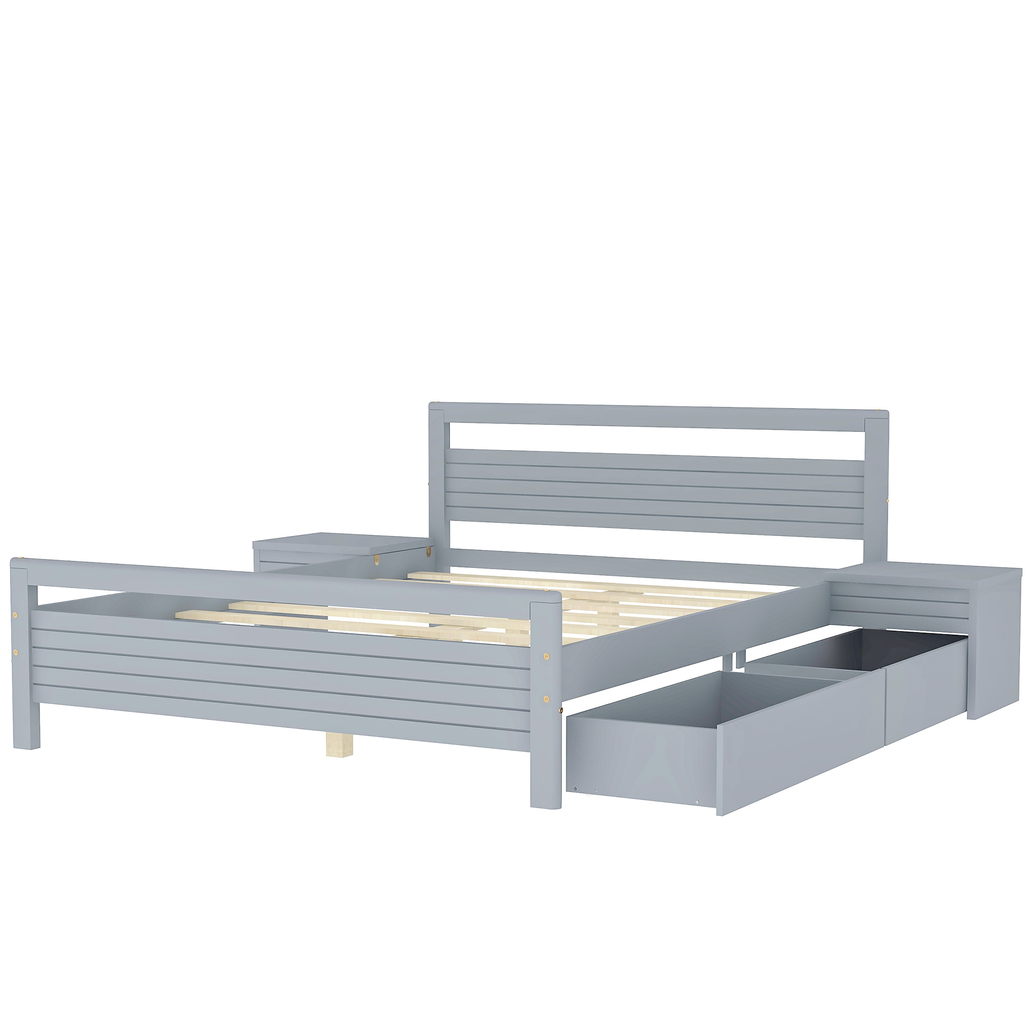 Queen Size Wooden Platform Bed with 2 Storage Drawers and 2 bedside tables, Gray/White 