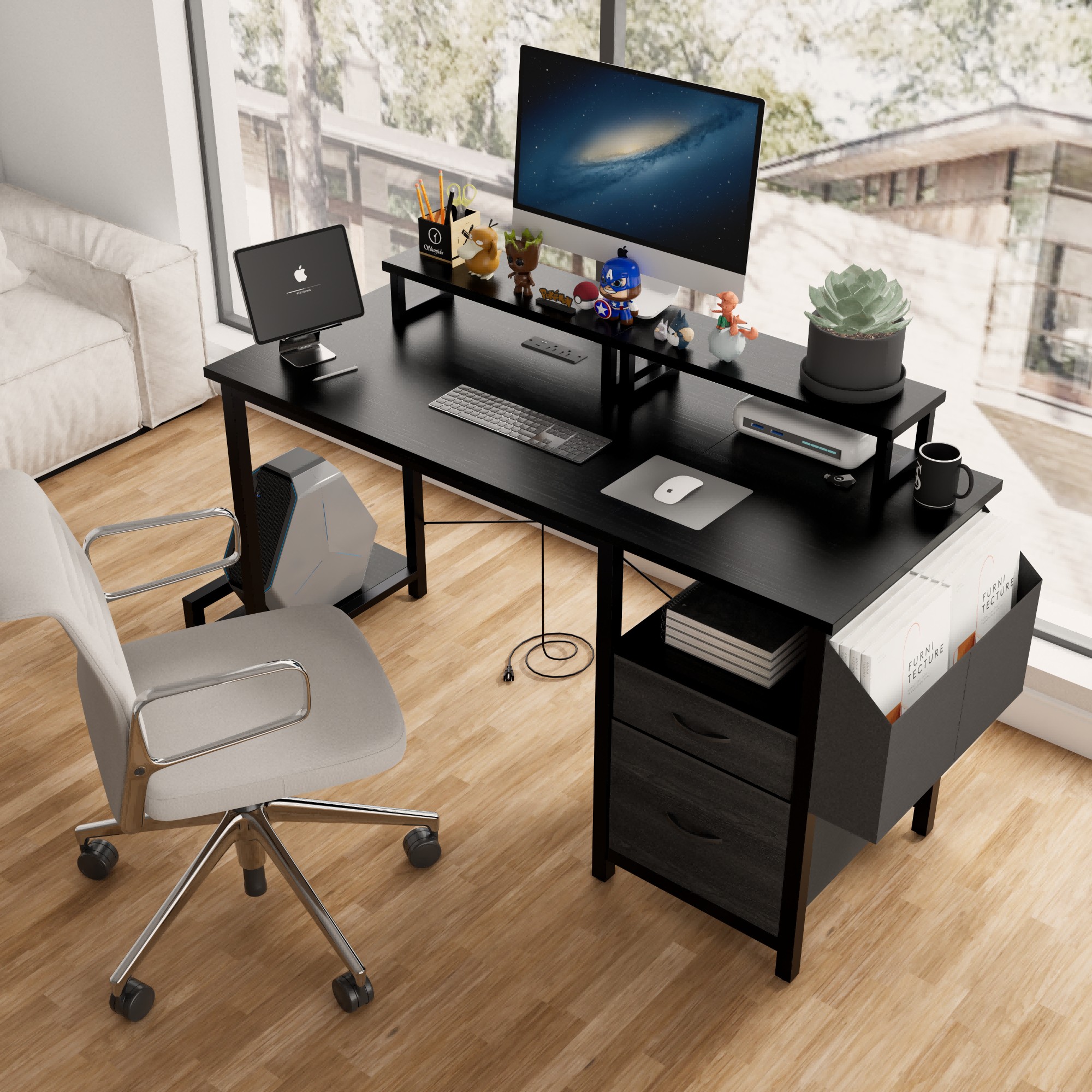 47.3" Computer Desk with power outlet,Monitor Stands,Shelves, Office Desk/Writing Table/Gaming desk With drawers,Large Side Pocket and Hooks,Easy to Assemble,Frame stability Reversible,Black