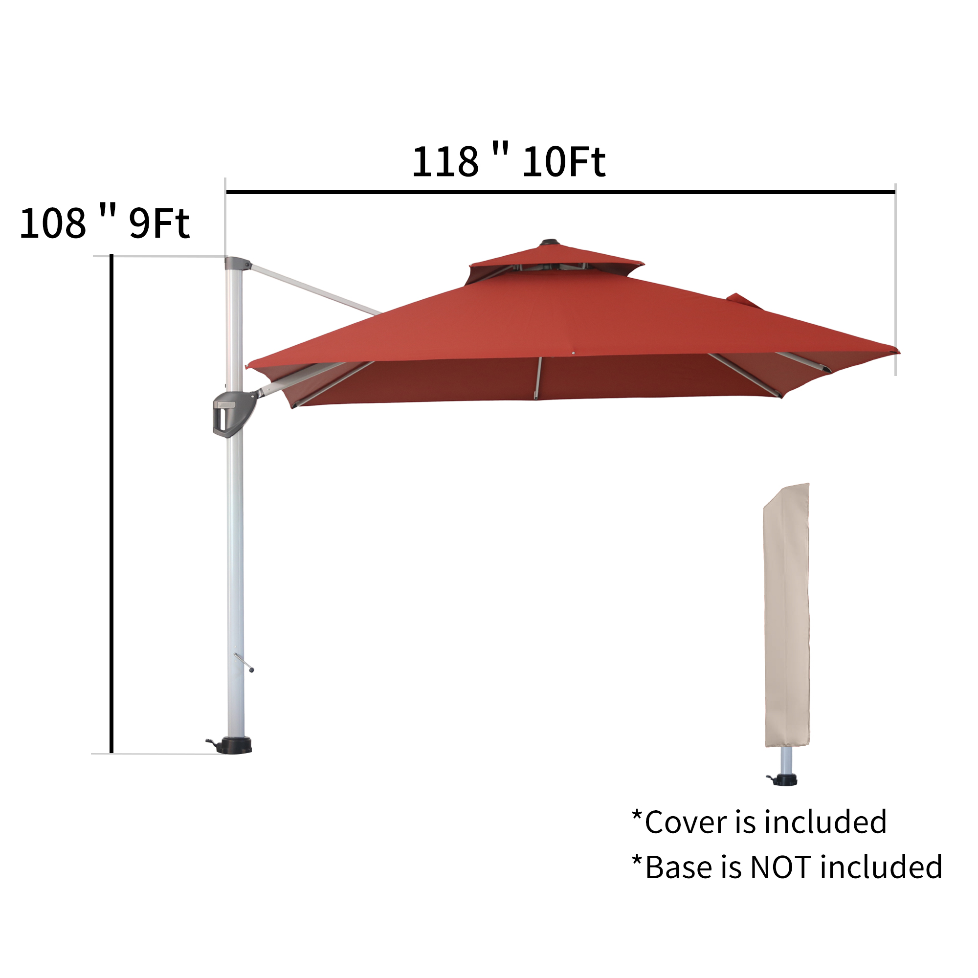 10/11ft Square Cantilever Patio Umbrella with 5 Adjustable Angles, Outdoor Sunshade with Base for Deck, Garden, or Pool