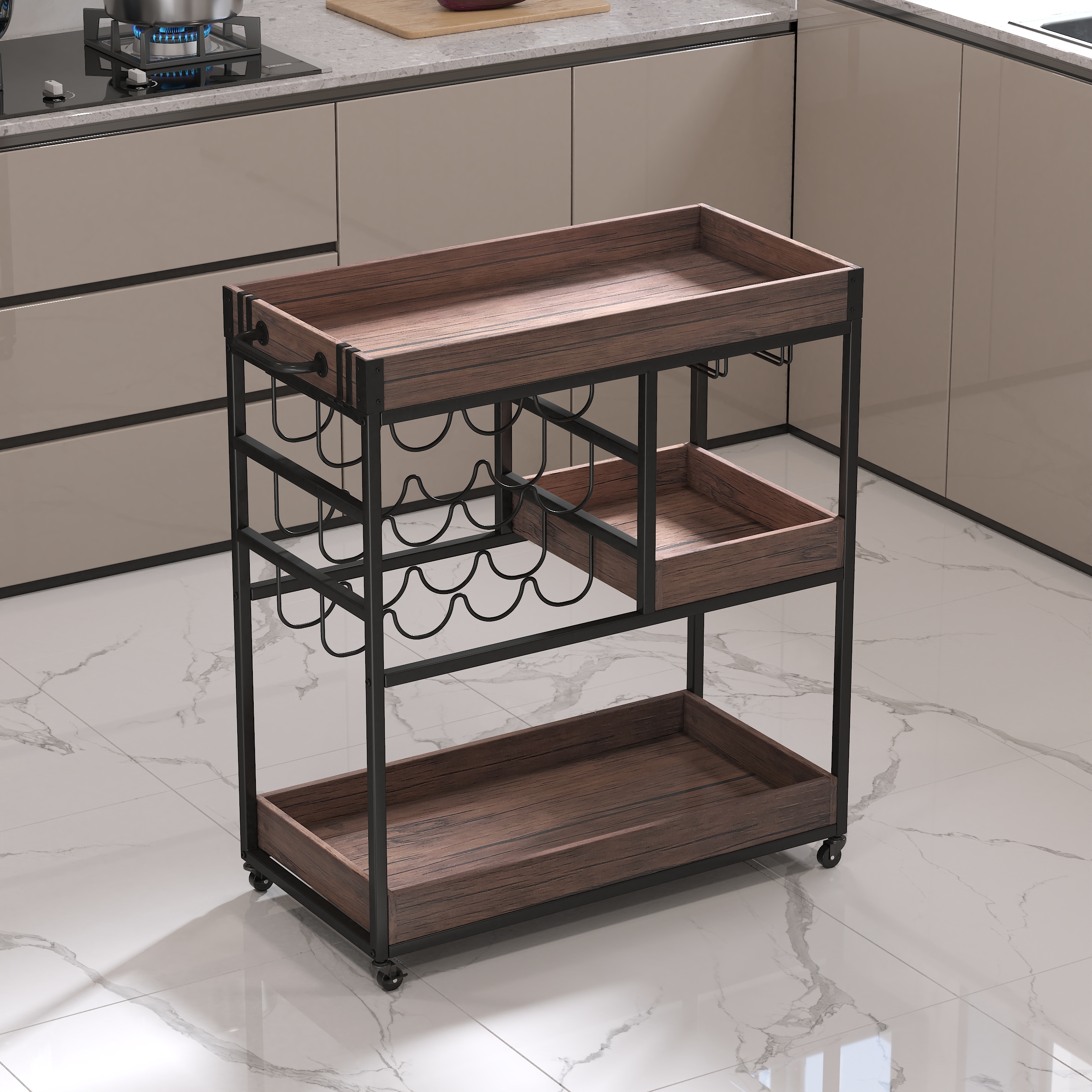 3 Tier Industrial Rolling Serving Cart with Lockable Wheels, Wine Rack Cart with Glass Holder for Indoor and Outdoor, Beverage Trolley cart with 2 Removable Tray, 