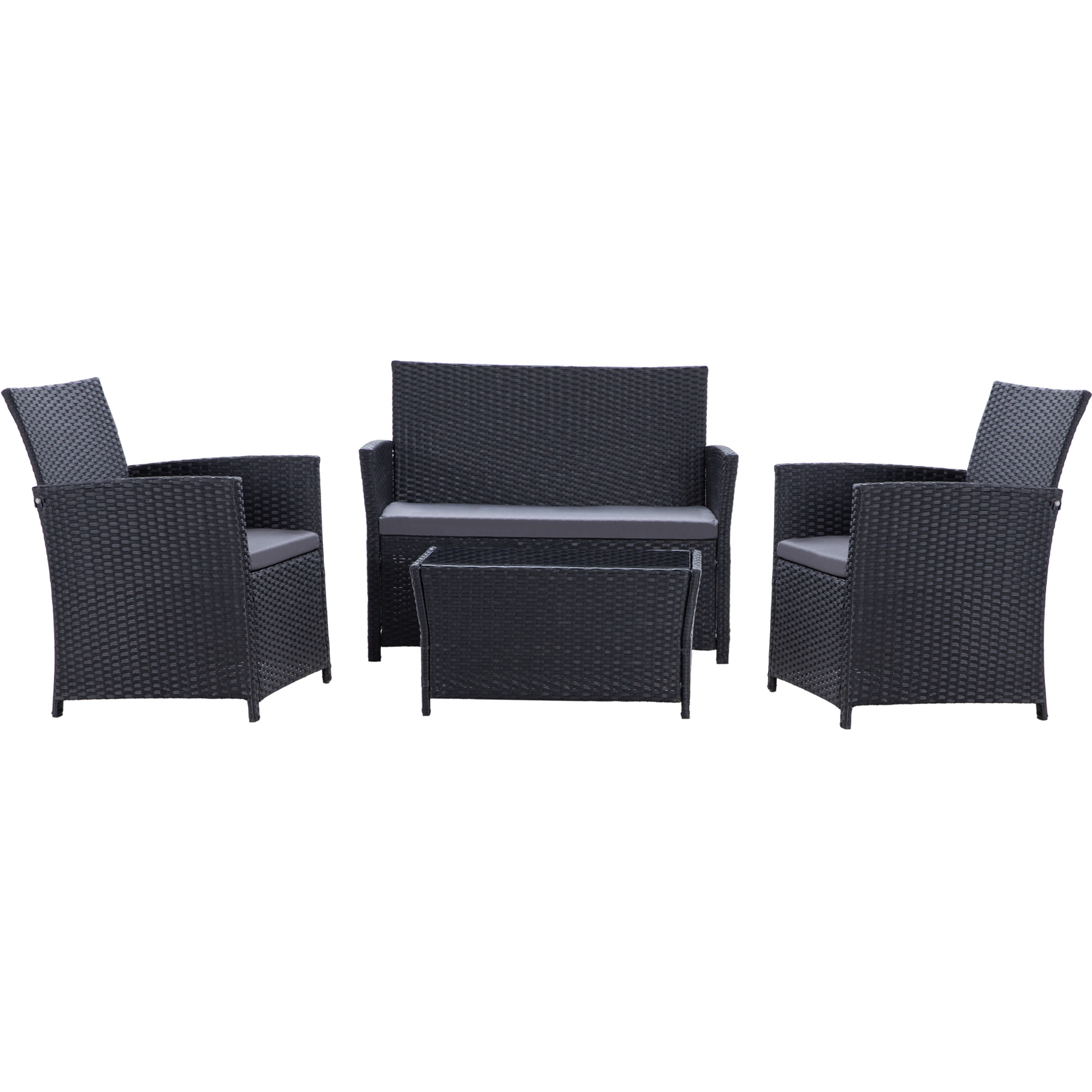 4-Piece PE Rattan Patio Furniture Set – Double Sofa, 2 Armchairs, Coffee Table with Cushions, Weather-Resistant Outdoor Conversation Set, Brown-Blue/Gray/Black-Gray/Black-Blue