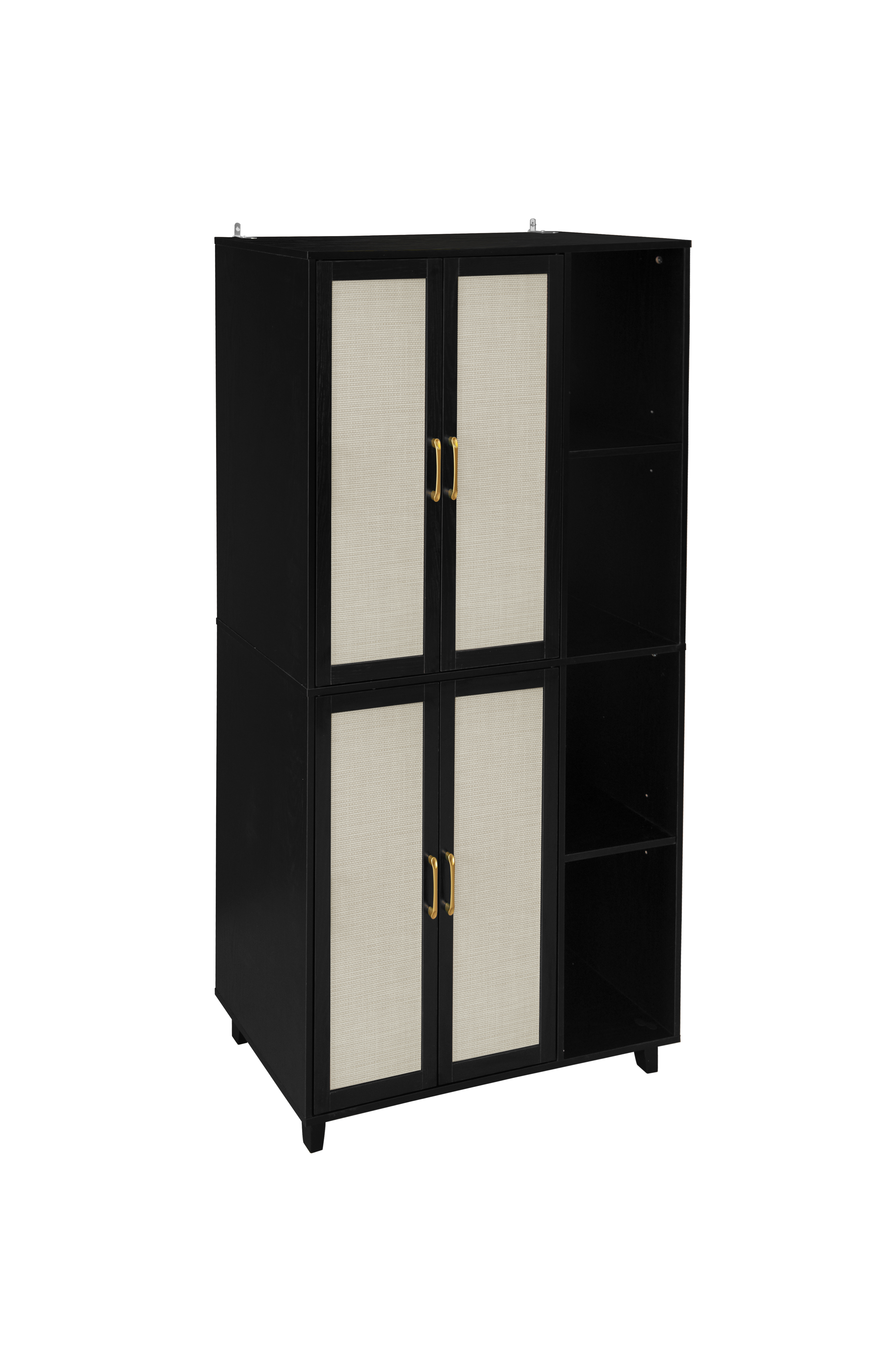 4 Door Cabinet with 4 Shelves with 4 Adjustable Inner Shelves, Storage Cabinet,  Black / Natural 