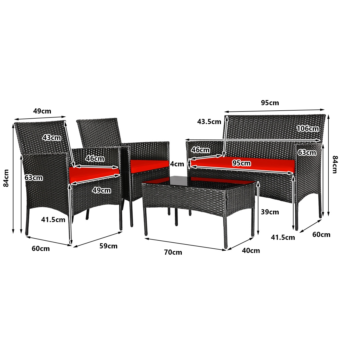 Mondawe 4 Pcs Patio Rattan Cushioned Sofa Furniture Set with Tempered Glass Coffee Table-White/Red/Turquoise-Mondawe