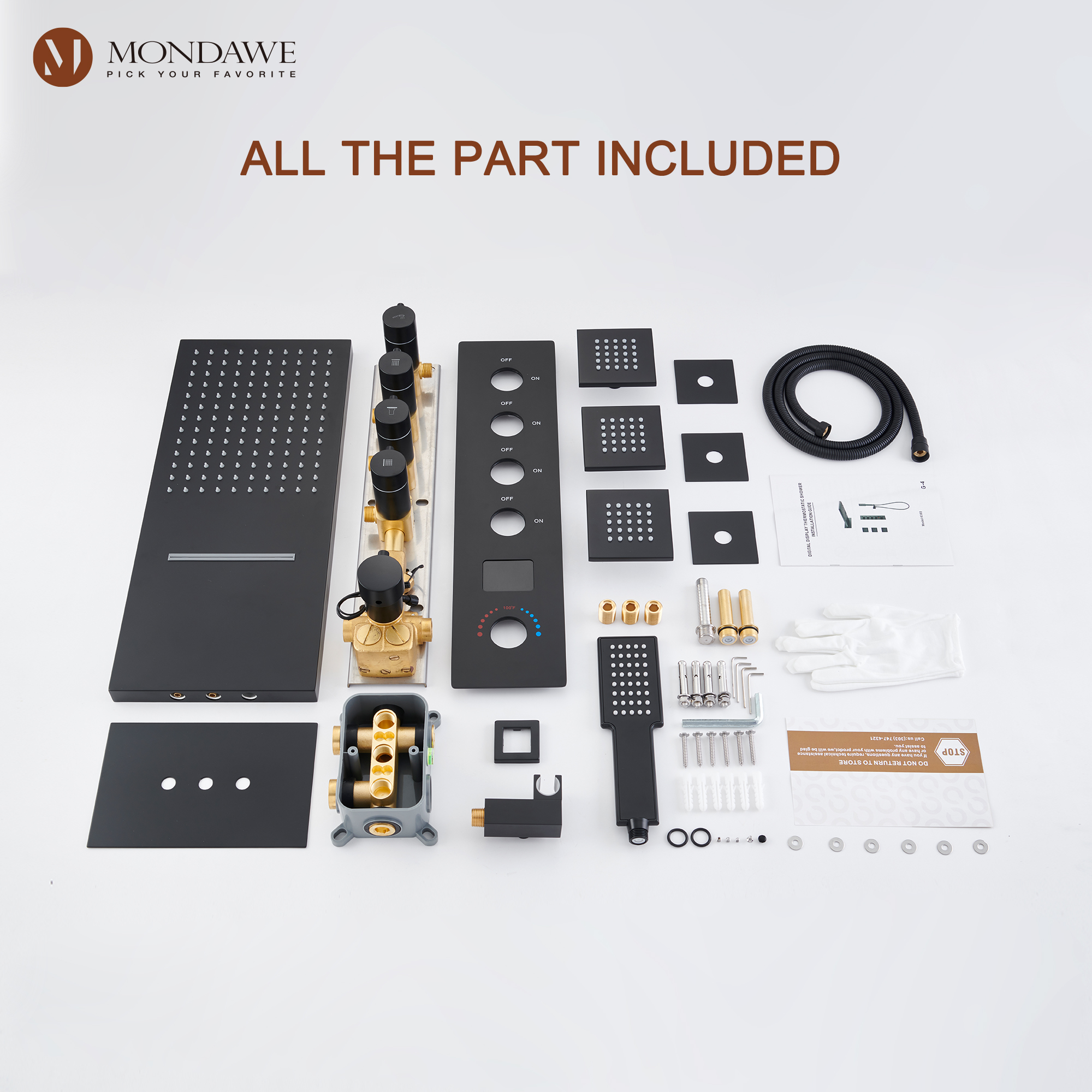 MB-Mondawe Luxury Rain Dual Shower Heads Wall Mounted 22 in. with Digital Temperature Display 4 Spray Patterns Thermostatic and 3 Body Jets-Mondawe