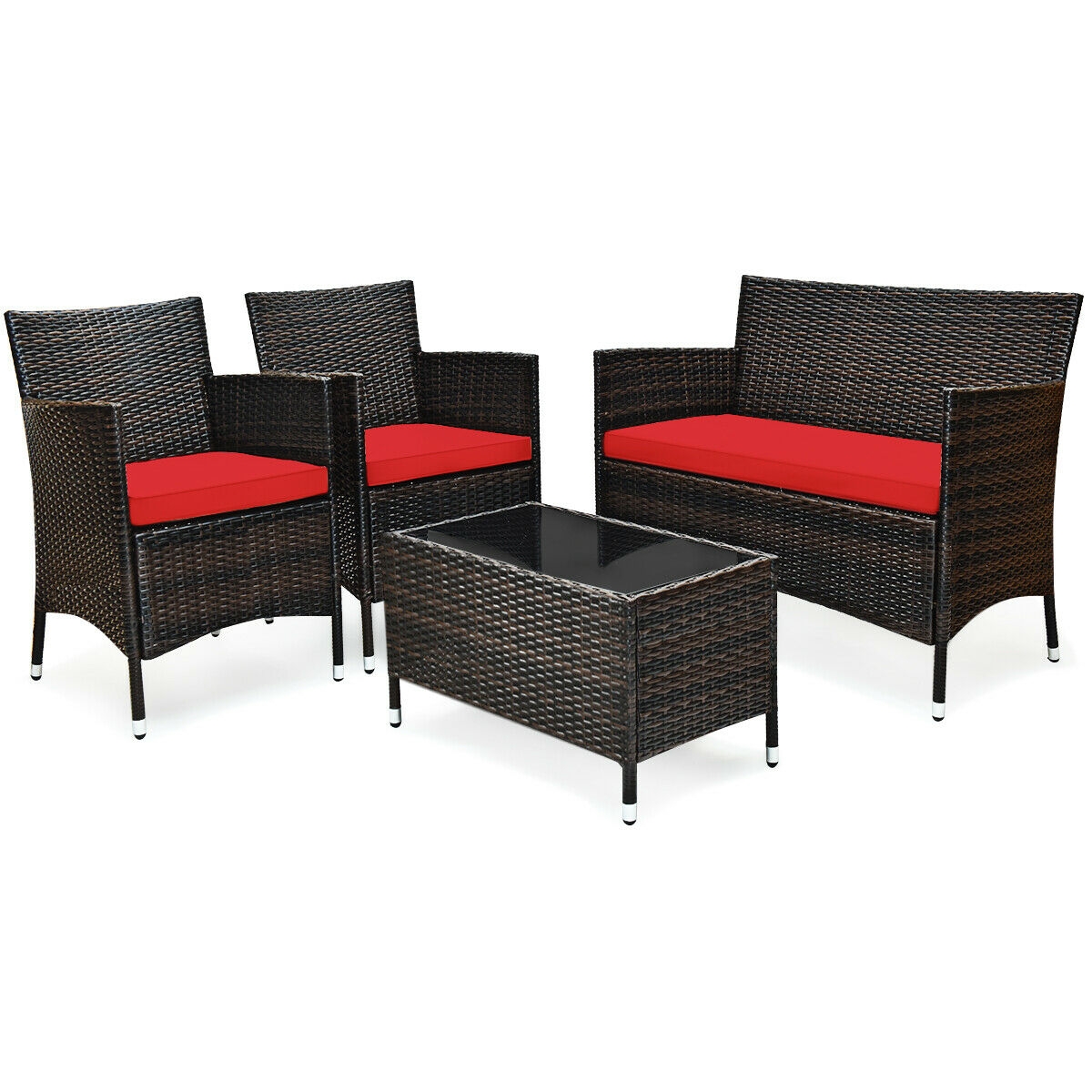 Mondawe 4 Pieces Rattan Outdoor Patio Conversation Furniture Set with Glass Table and Comfortable Wicker Sectional Sofa-Mondawe