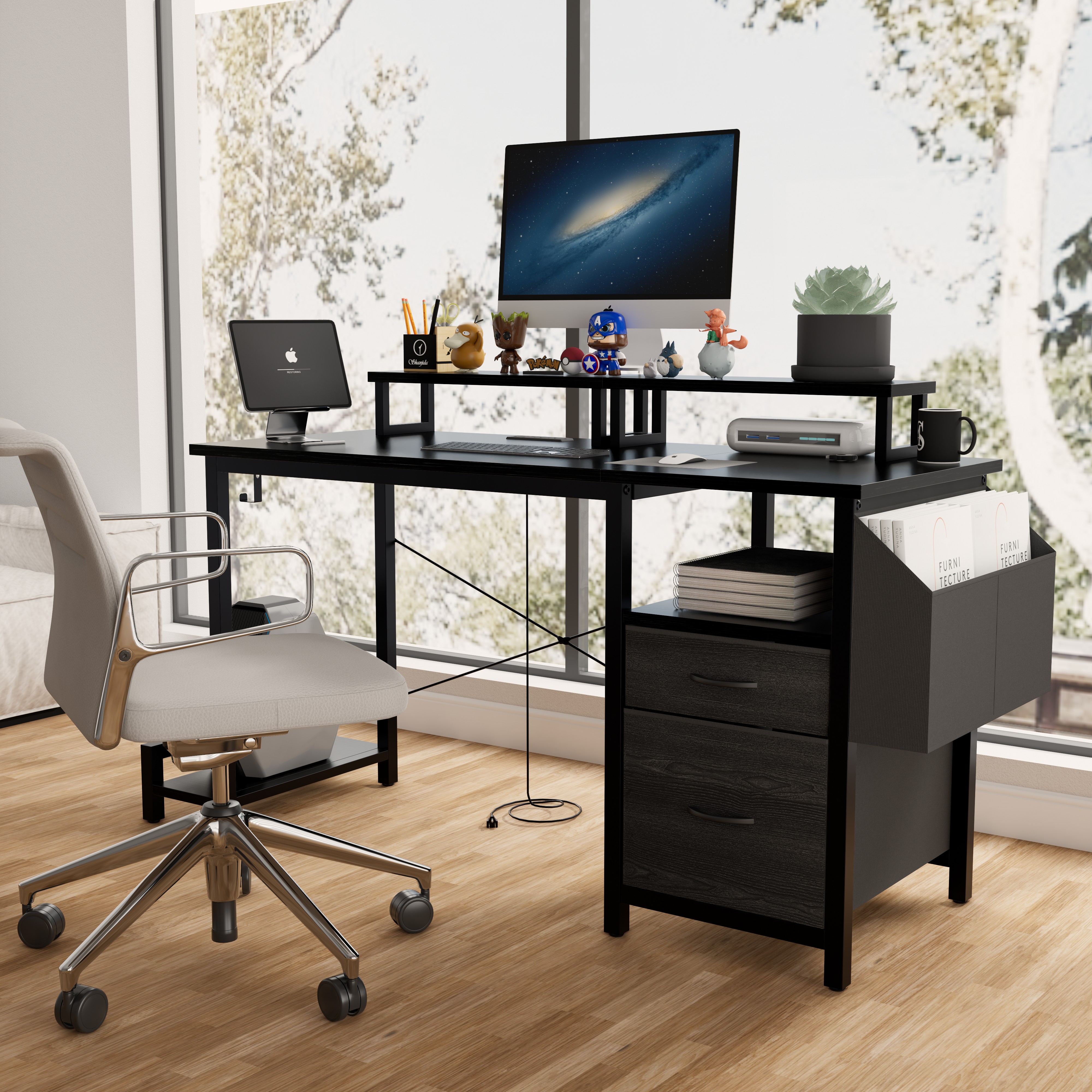 47.3" Computer Desk with power outlet,Monitor Stands,Shelves, Office Desk/Writing Table/Gaming desk With drawers,Large Side Pocket and Hooks,Easy to Assemble,Frame stability Reversible,Black