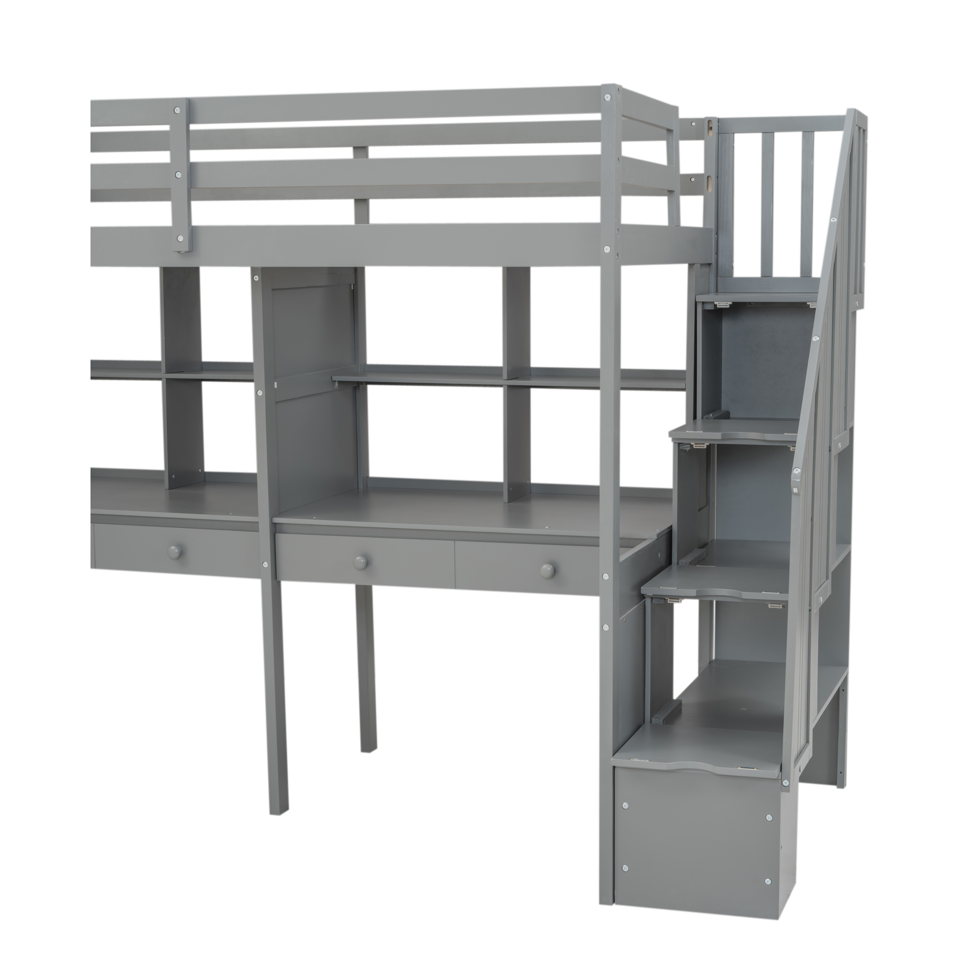 Twin Size Loft Bed Frame with Storage Staircase and Double Desks and Shelves,Gray/White