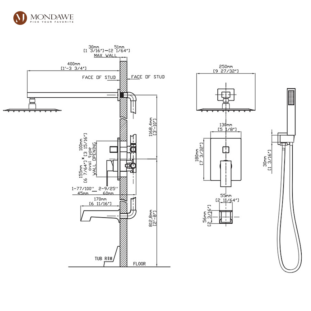 Mondawe Three function Pressure Balance Shower Set with 10 in Shower Head(5 color, Valve Included)-Mondawe