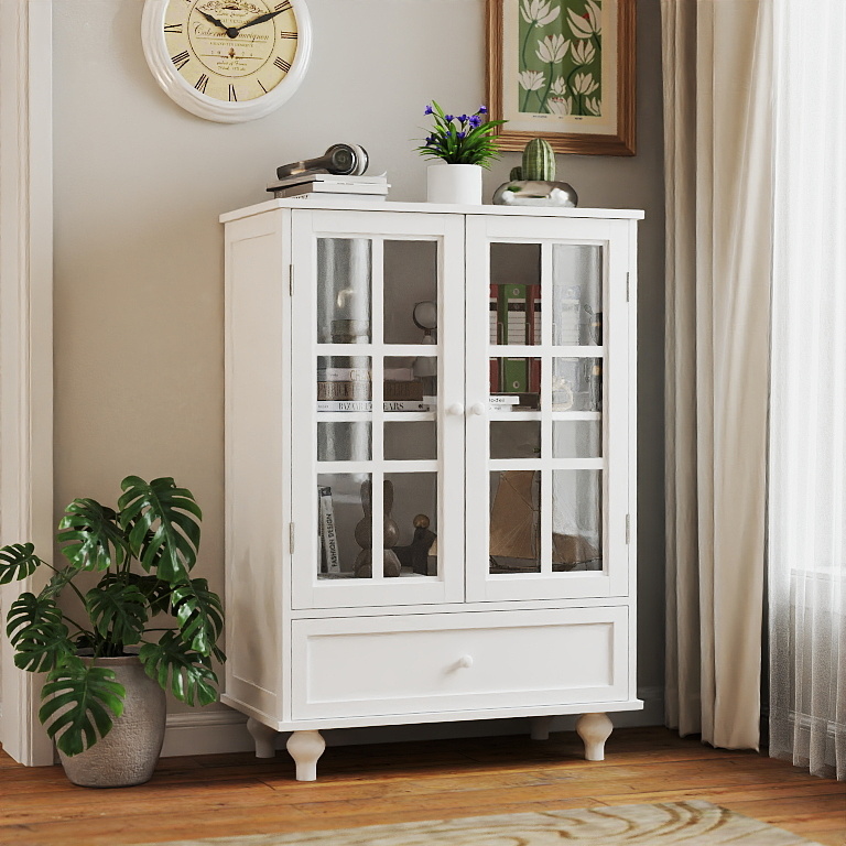 Minimalist White Buffet Cabinet with Double Glass Doors and Drawer, Modern Wooden Storage Sideboard Cupboard for Living room, Dining Room Hallway Entryway 