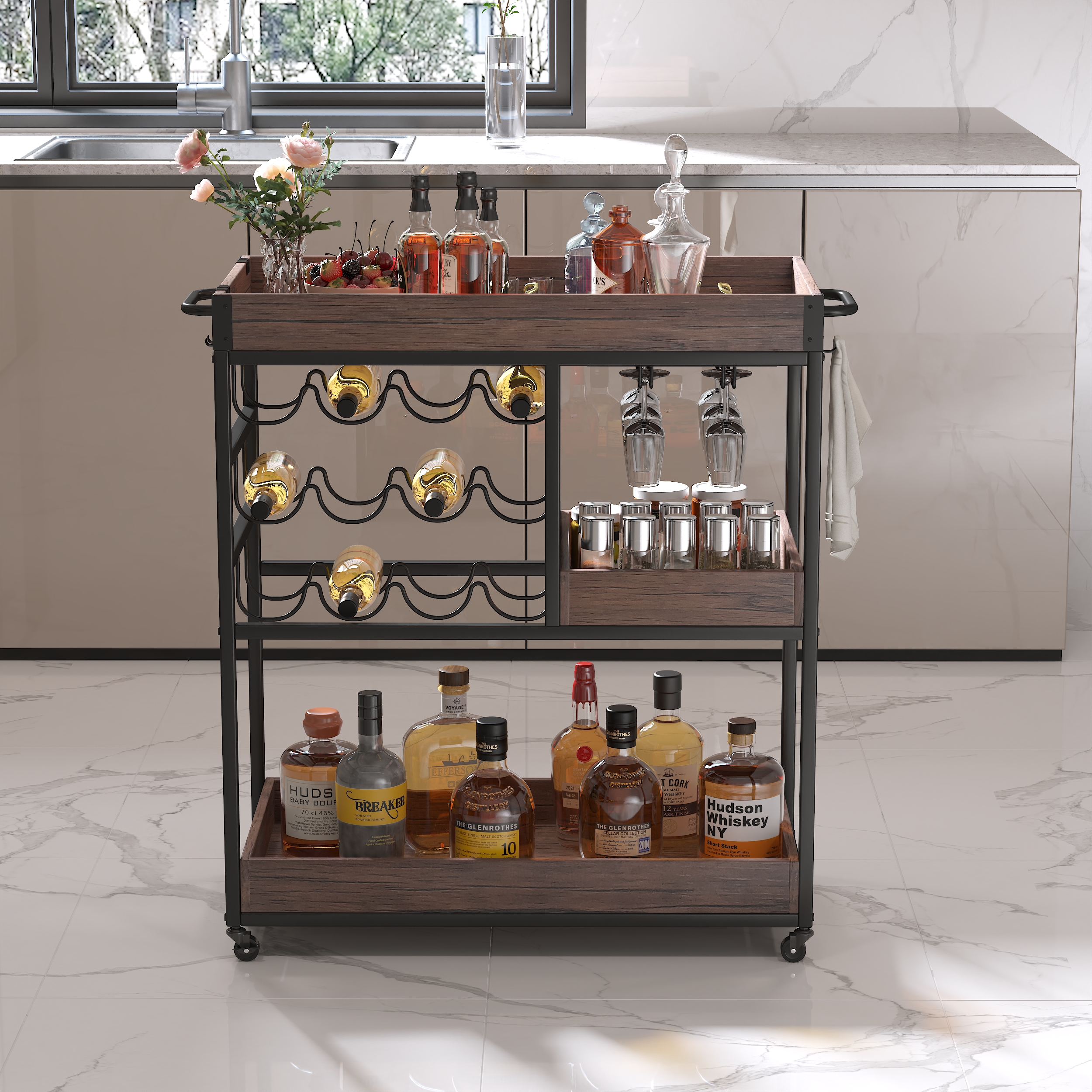 3 Tier Industrial Rolling Serving Cart with Lockable Wheels, Wine Rack Cart with Glass Holder for Indoor and Outdoor, Beverage Trolley cart with 2 Removable Tray, 
