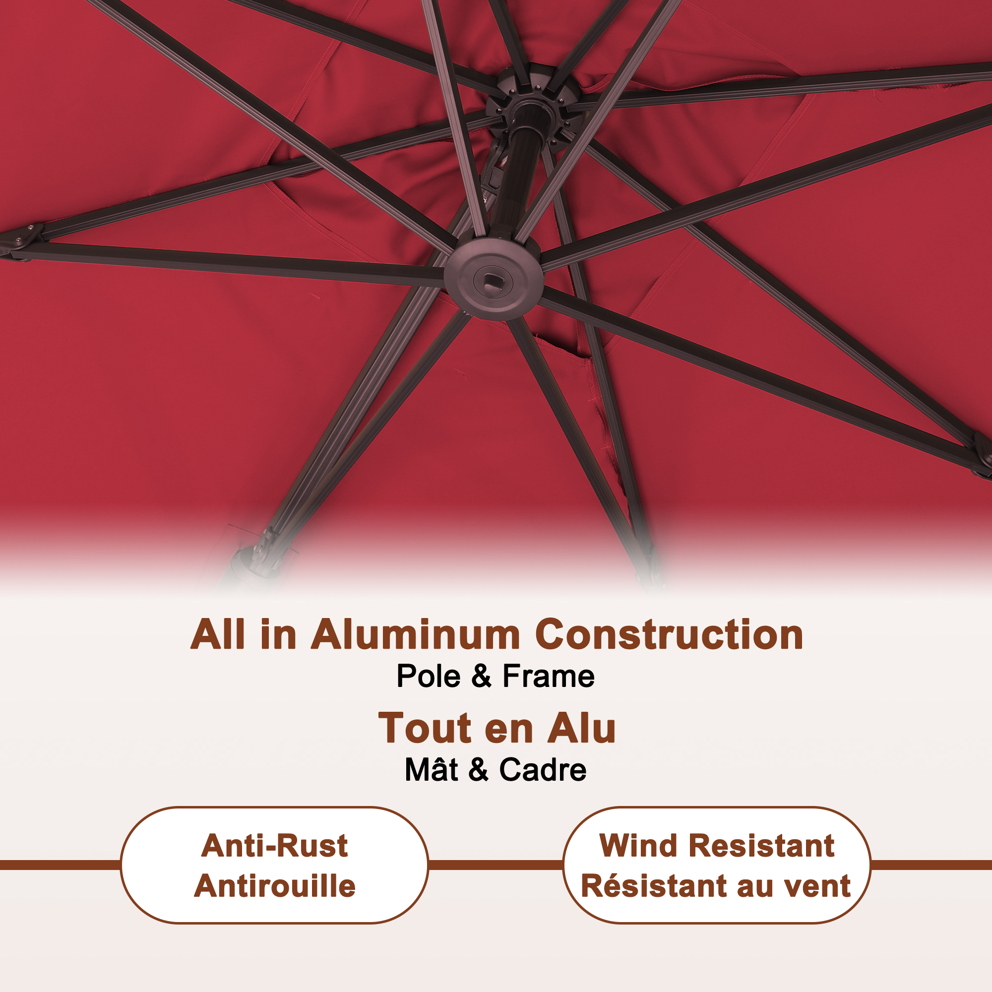 Square Aluminum Cantilever Patio Umbrella with 90° Tilt, LED & Bluetooth Mood Light, and Base Included