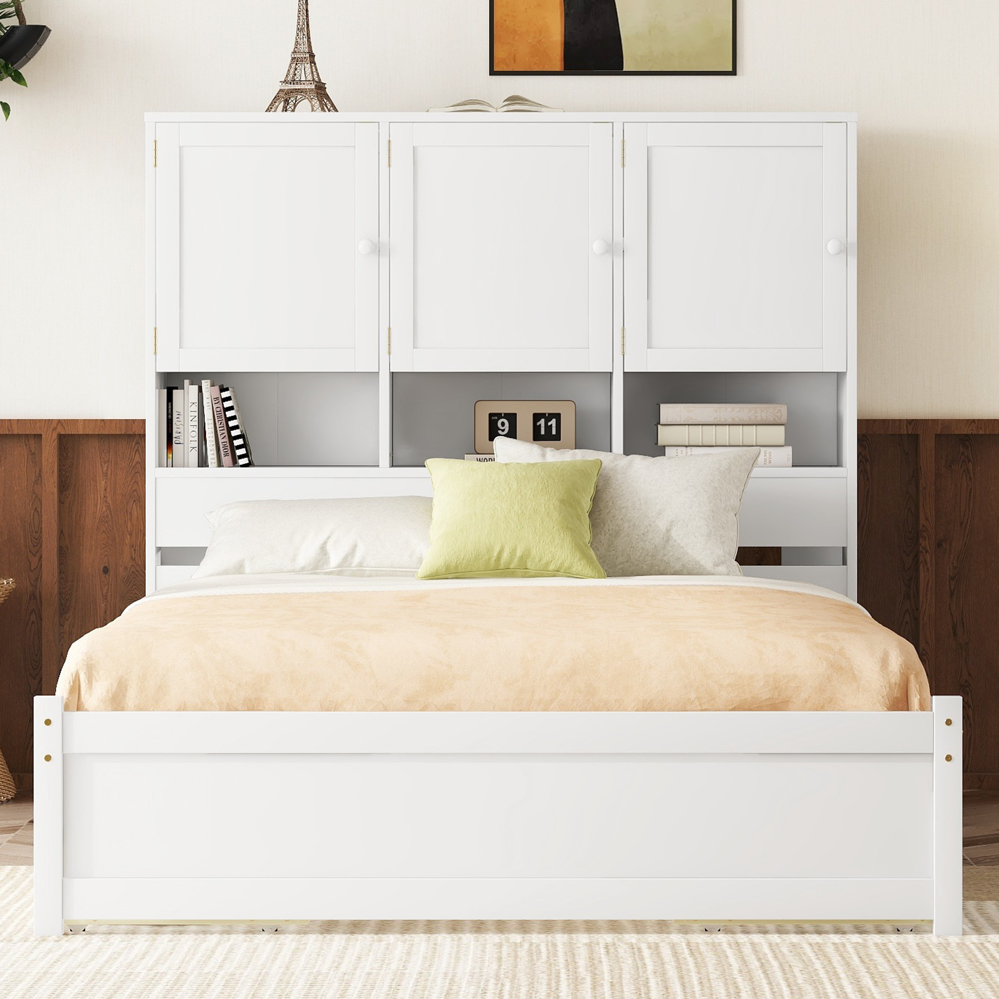 Full/Queen Size Platform Bed with Storage Headboard and 4 Drawers, Gray/White