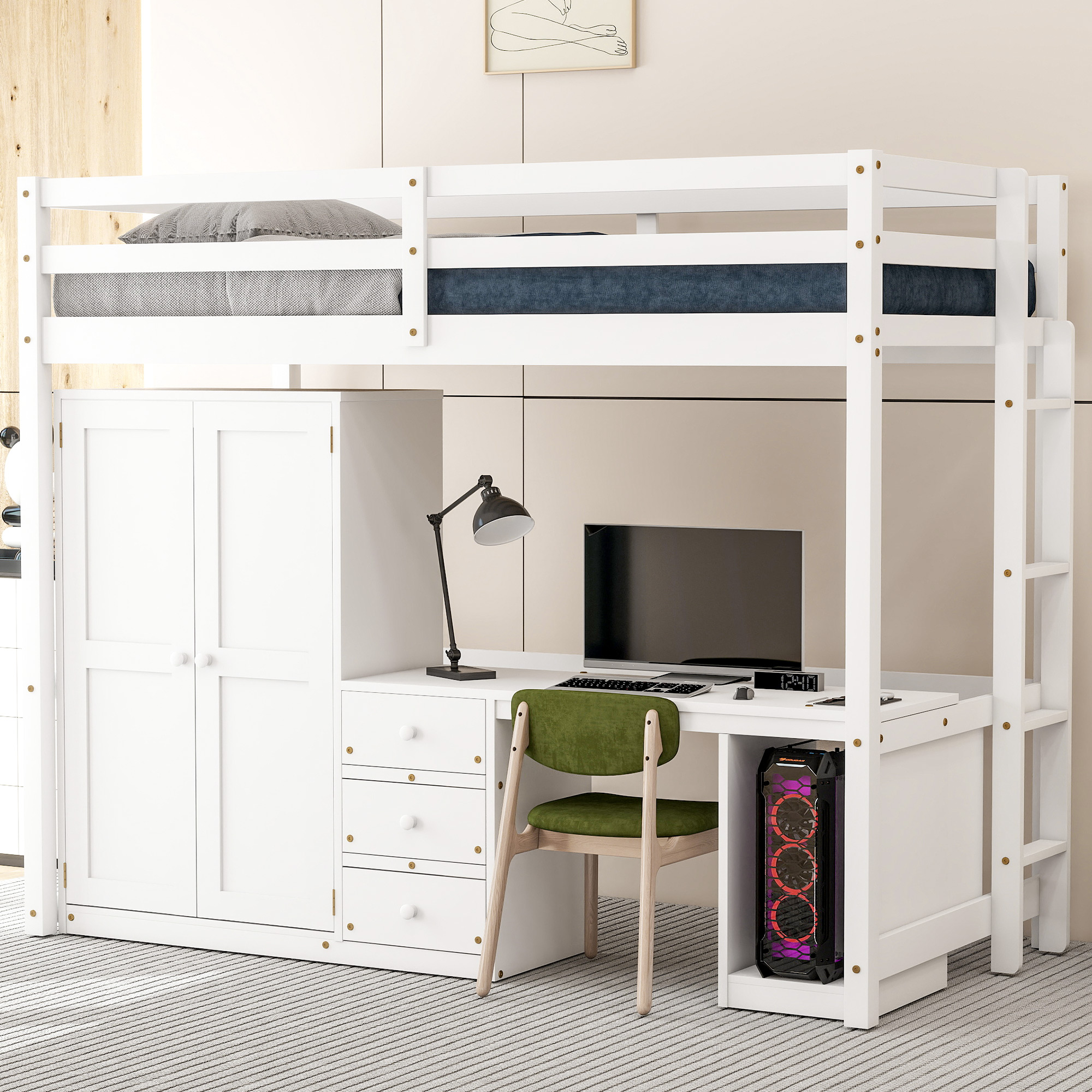 Full/Twin Size Loft Bed with Wardrobe, Desk and Storage Drawers, Gray/White