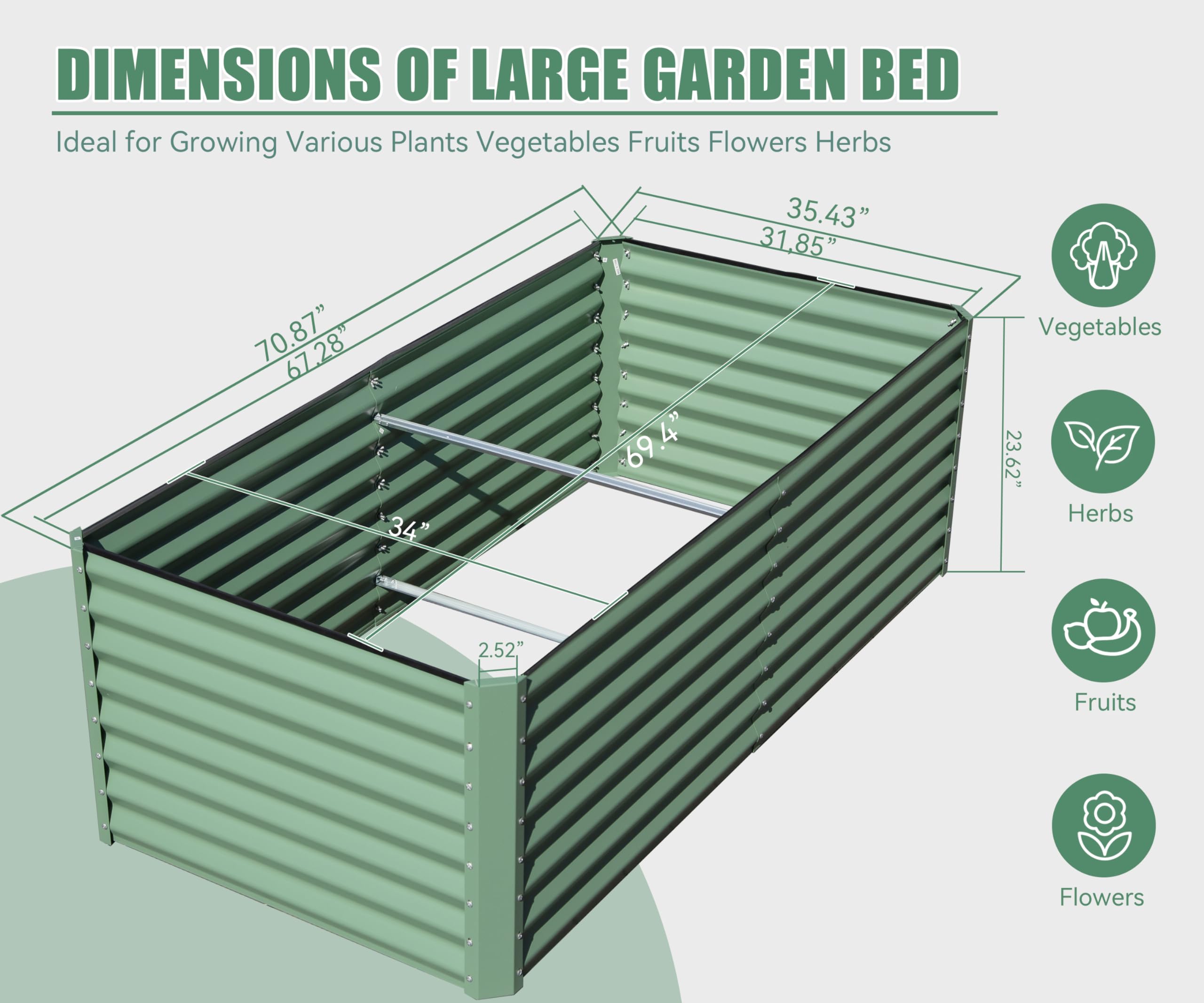 6x3x2ft Galvanized Raised Garden Bed, Outdoor Planter Garden Boxes Large Metal Planter Box for Gardening Vegetables Fruits Flowers, Silver/Green/Gray