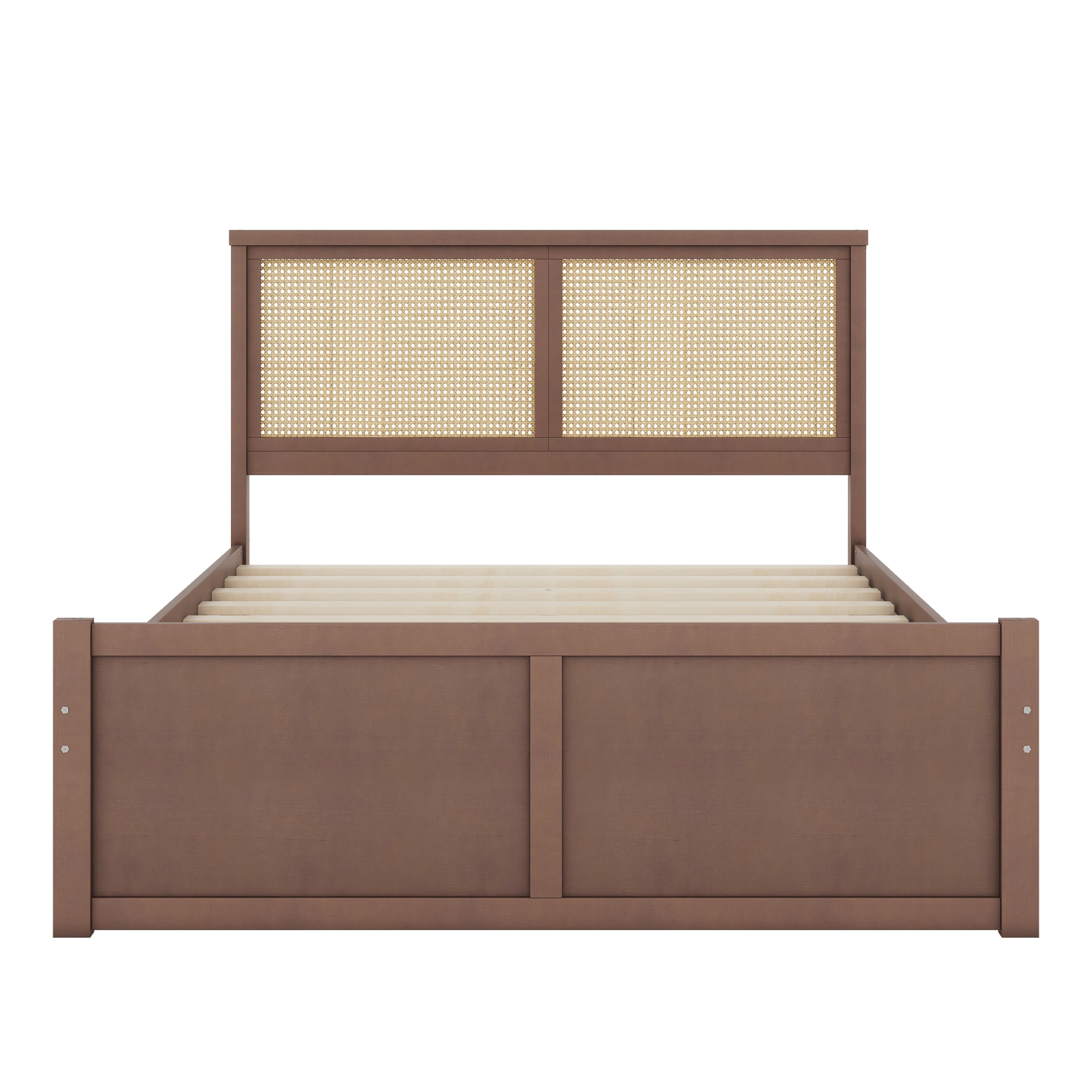 Queen/Full Size Wood Storage Platform Bed with 4 Drawers, Rattan Headboard, Espresso/Nature 