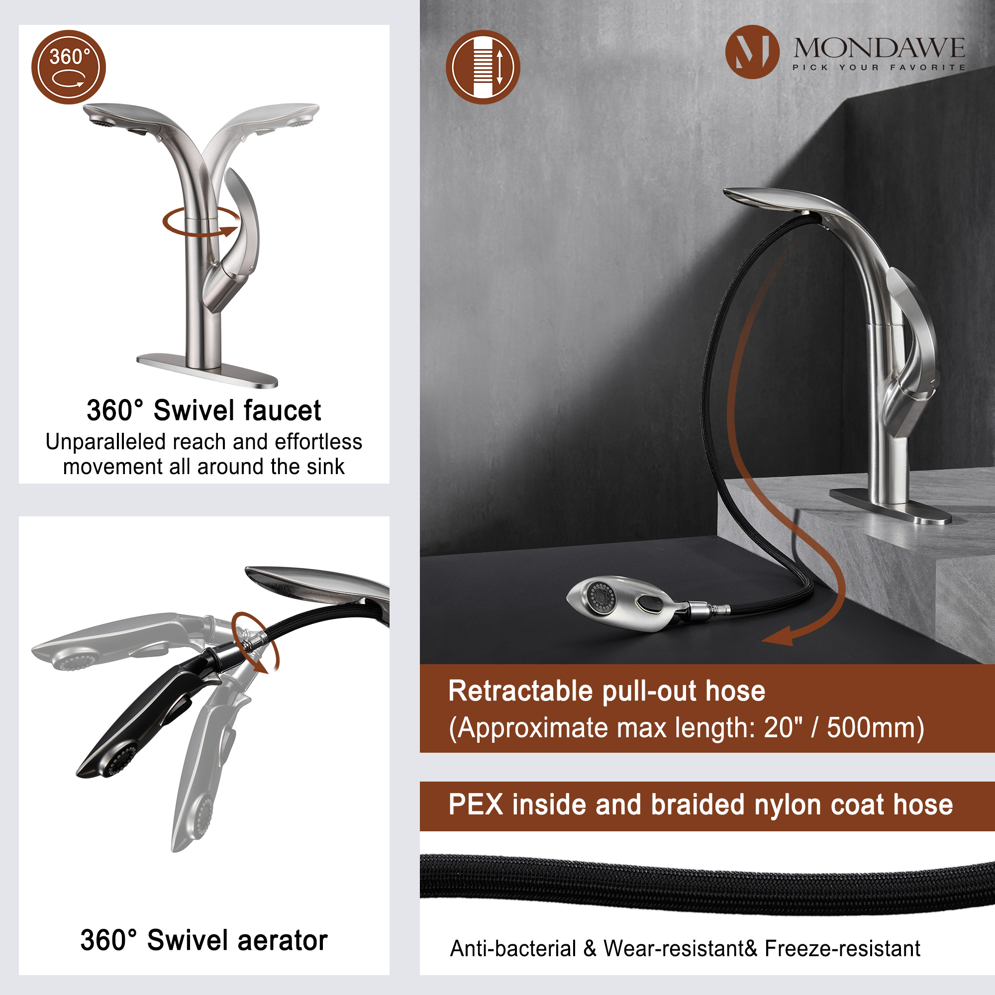 Mondawe 3-FunctionTulip High Arc Pull Down Single Handle Deck Mount Best Kitchen Faucets 2022-Mondawe