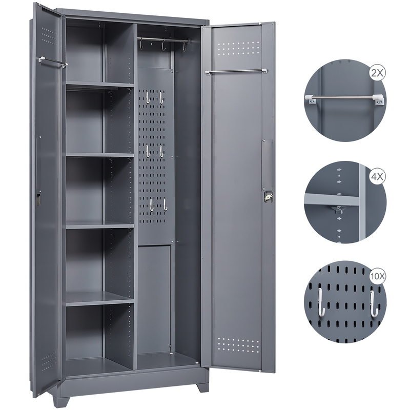 Metal Storage Cabinets, Cleaning Tool Cabinet with Locking Door, Tall Broom Tool Organizer and Storage, Large Storage Cabinet for Kitchen, Pantry, Office, Shop 