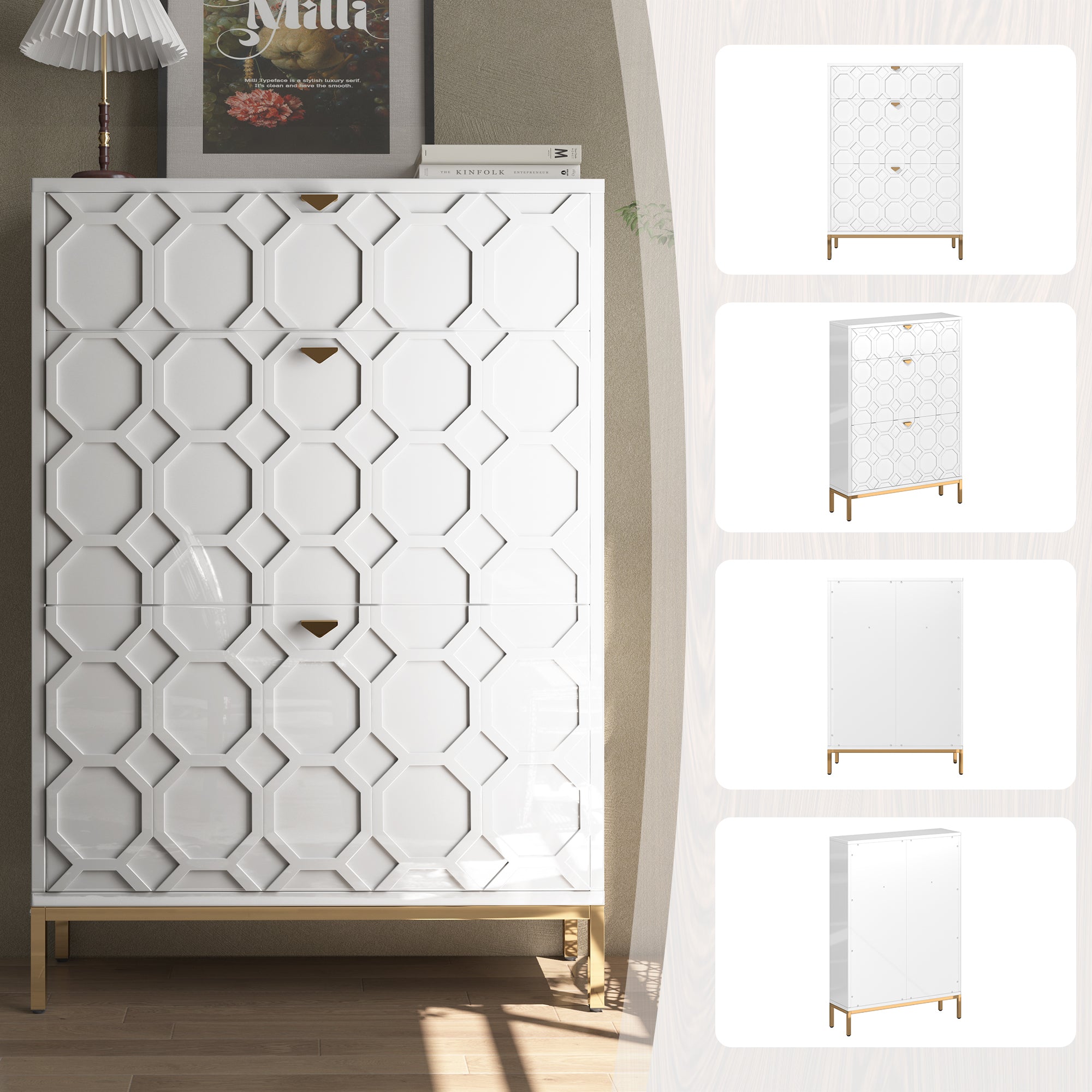 Boyel Living 46.5 in.H x 31.5 in.W White Shoe Storage Cabinet with Drawers and Golden Handle