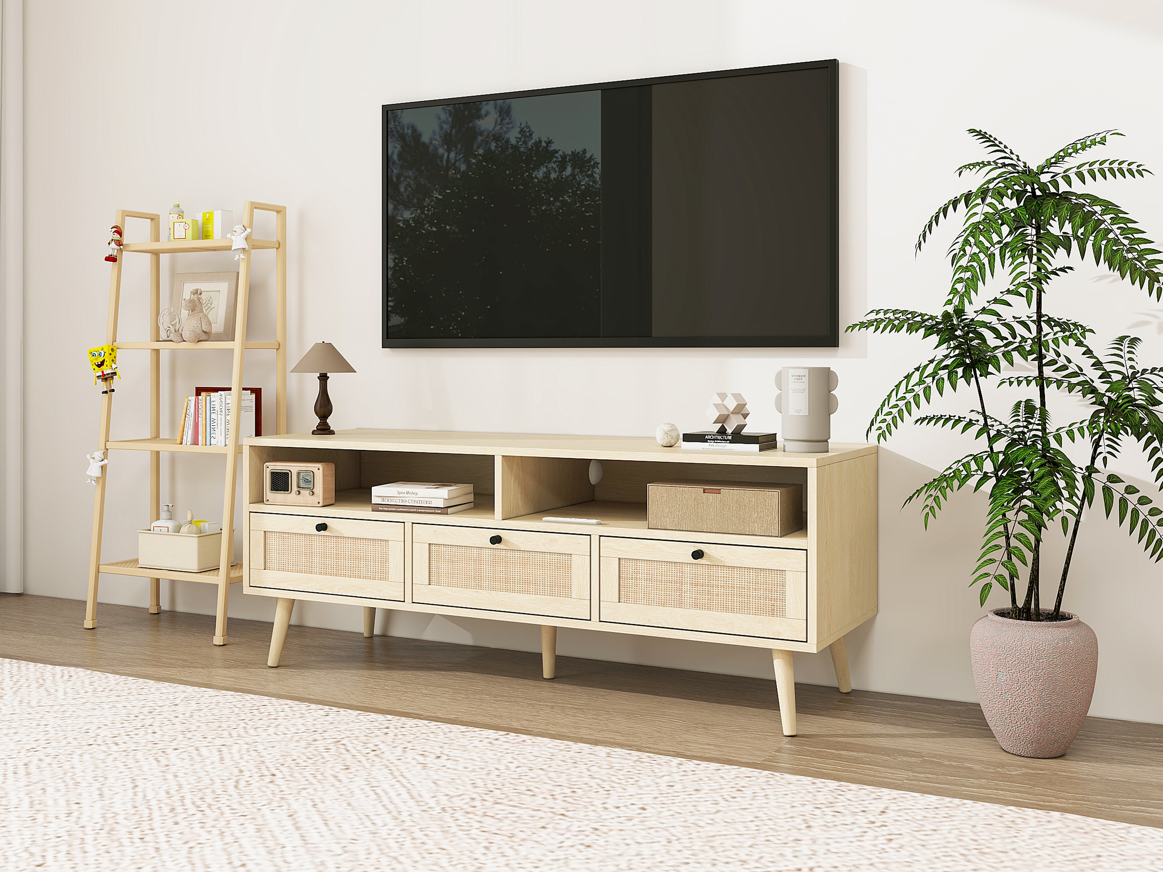 Rattan TV Stand with Solid Wood Feet, TV Console Table for Living Room, Natural 