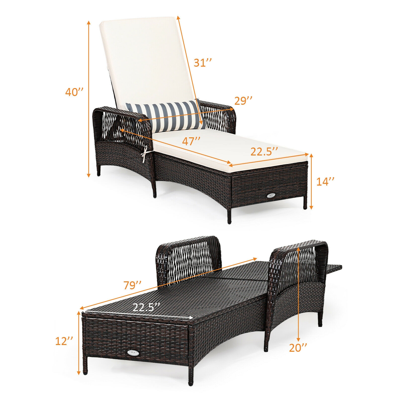 Mondawe PE Rattan Chaise Lounge Chair Arm Chair Recliner Adjustable with Pillow-Mondawe