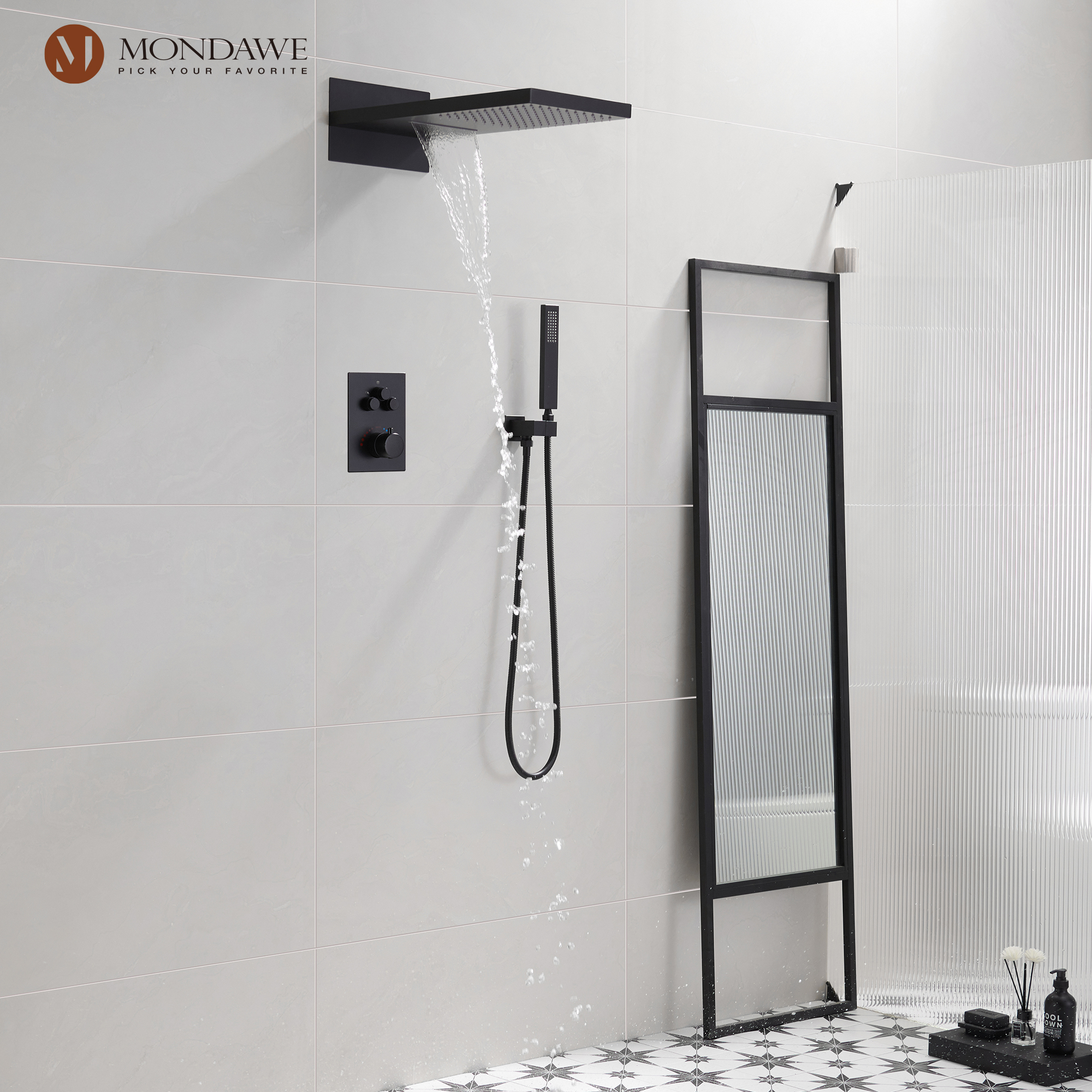 Mondawe 2 Functions Wall Mount Luxury Thermostatic Complete Shower System (Rough-In Valve Included) in Nickel/Black-Mondawe