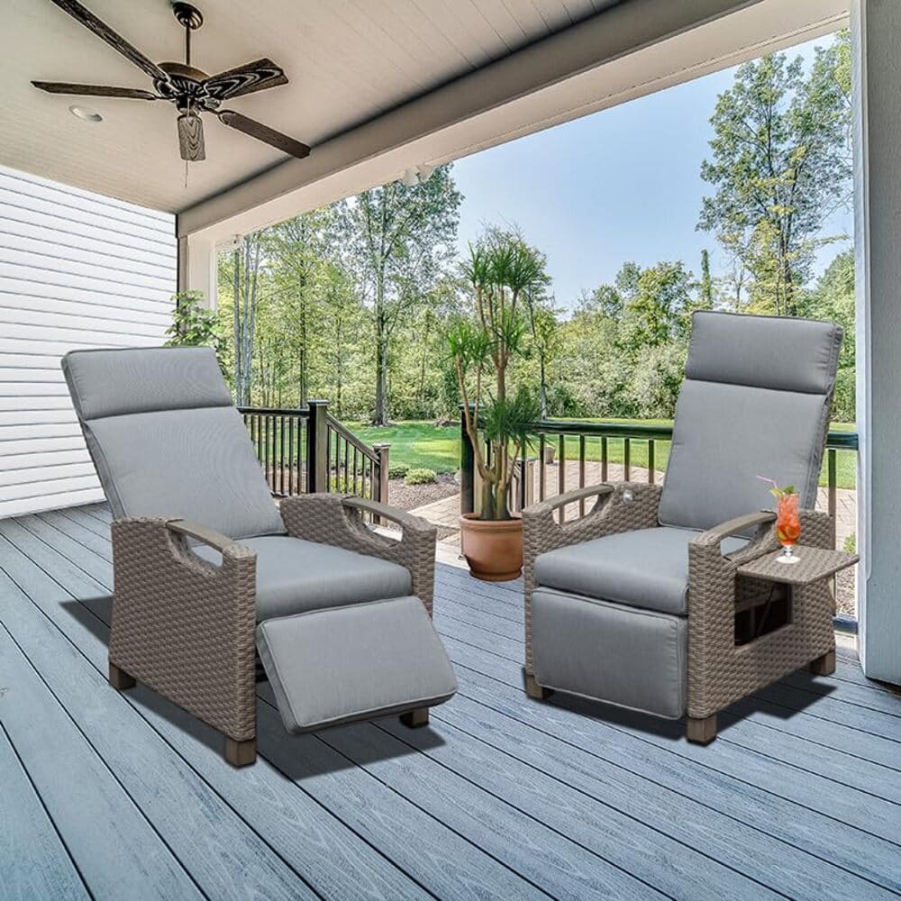 Outdoor Recliner Chair, Patio Recliner with Hand-Woven Wicker, Flip Table Push Back, Adjustable Angle, Thickness Cushions
