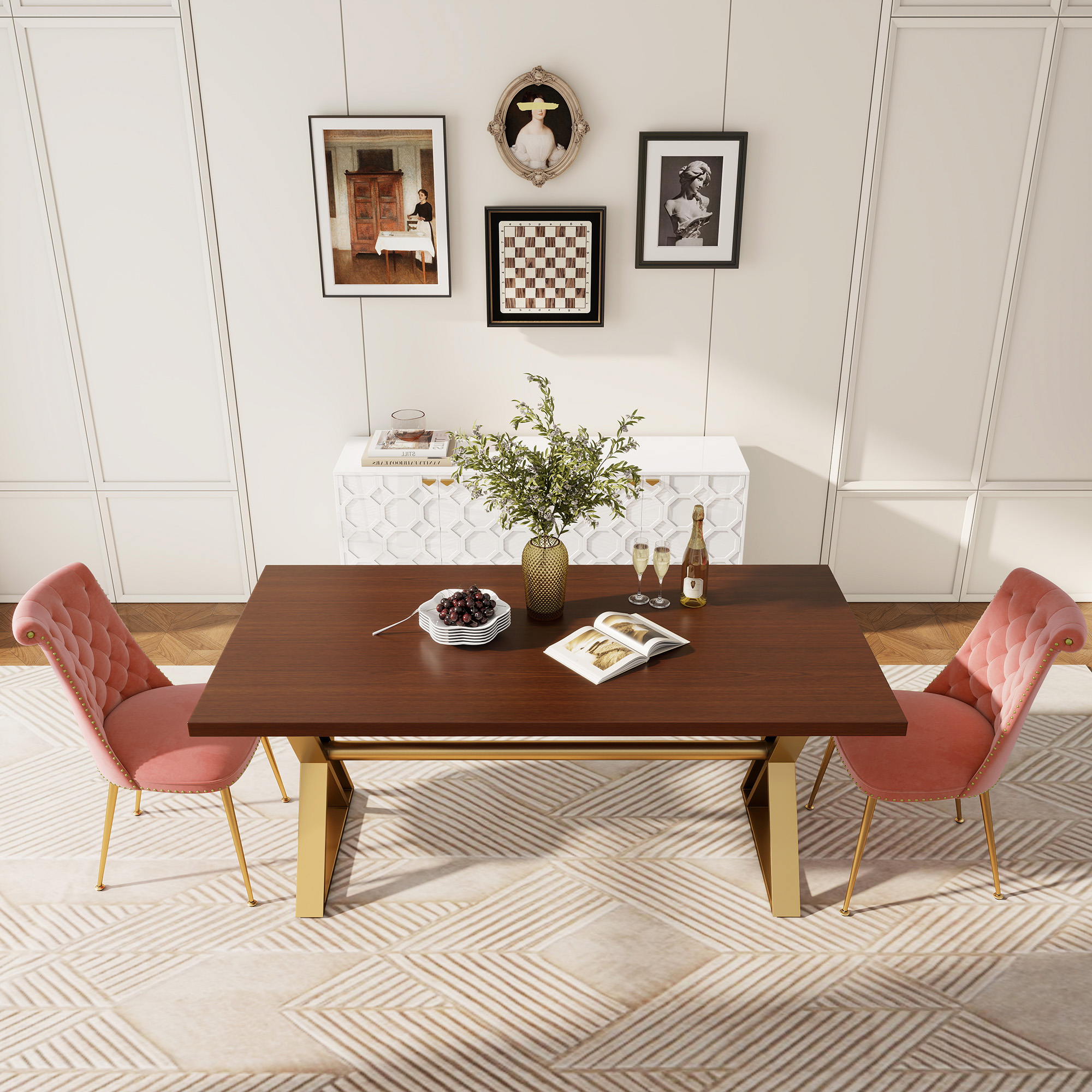 Brown/White Walnut Wood 70.87 in. Cross Legs Dining Table Seats-6