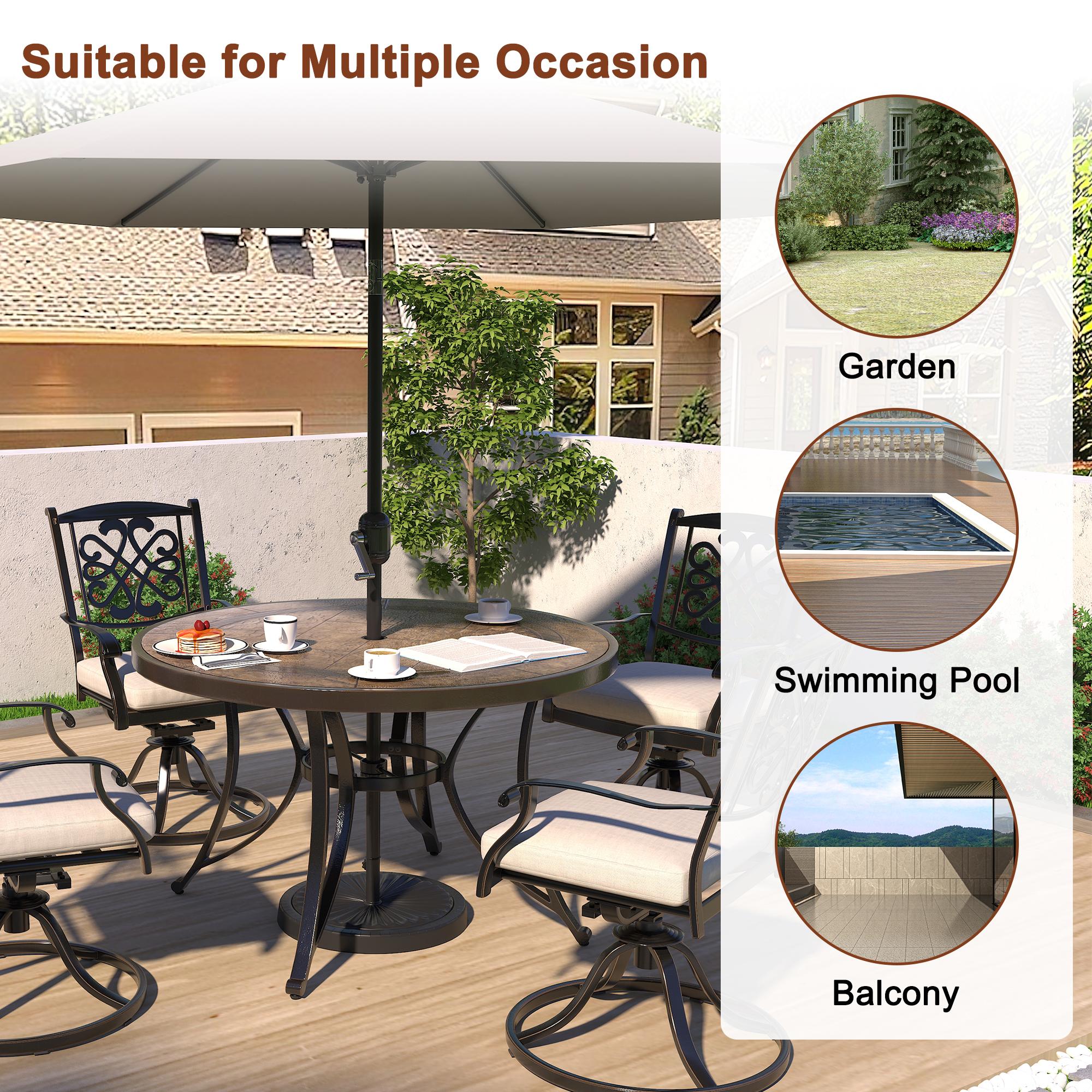 Dark Gold Round Aluminum 28 in. H Faux Wood Top Outdoor Patio Dining Table with Umbrella Hole-Boyelliving